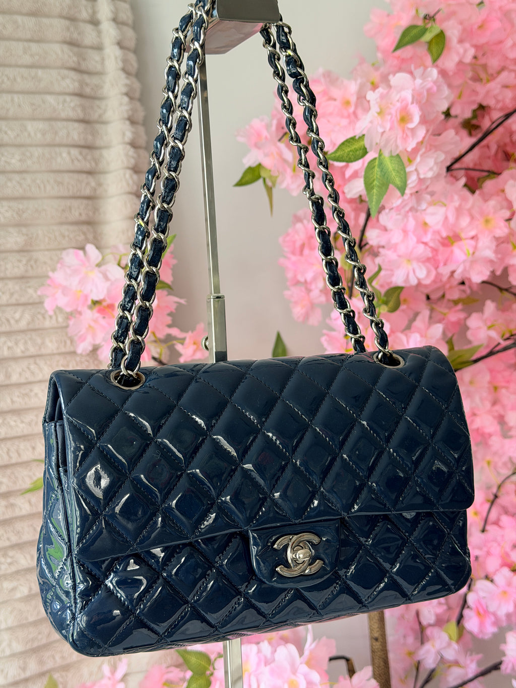 Chanel Timeless Classic Bag Double Flap Medium Navy Patent Leather Silver Hardware