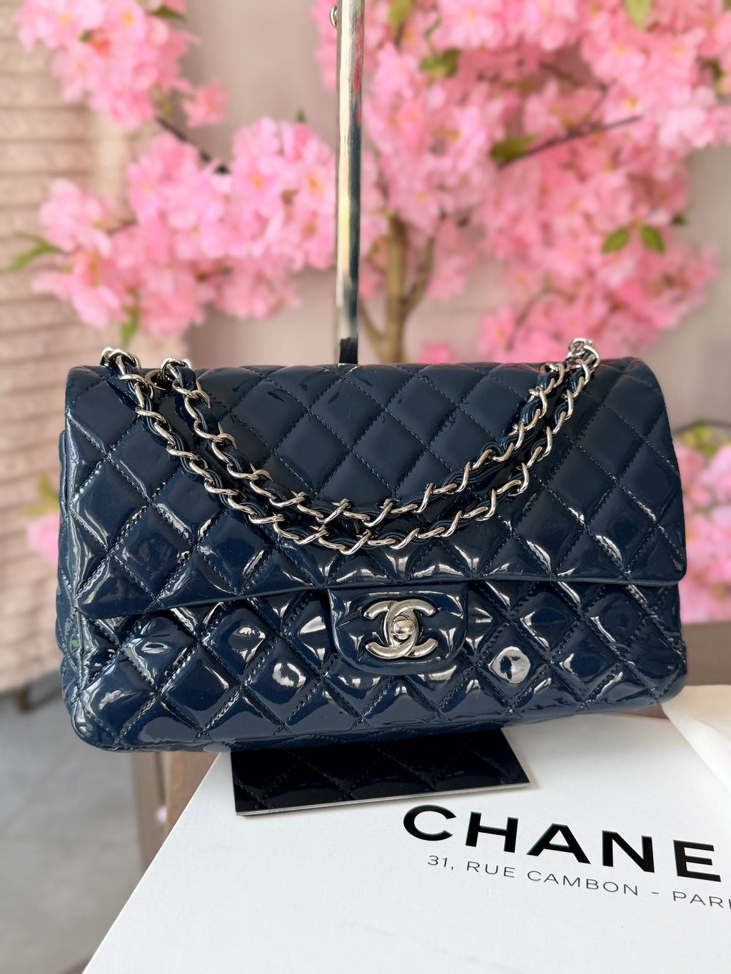 Chanel Timeless Classic Bag Double Flap Medium Navy Patent Leather Silver Hardware