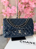 Chanel Timeless Classic Bag Double Flap Medium Navy Patent Leather Silver Hardware