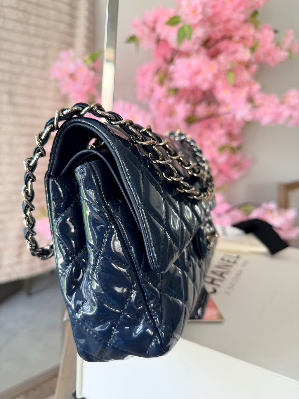 Chanel Timeless Classic Bag Double Flap Medium Navy Patent Leather Silver Hardware