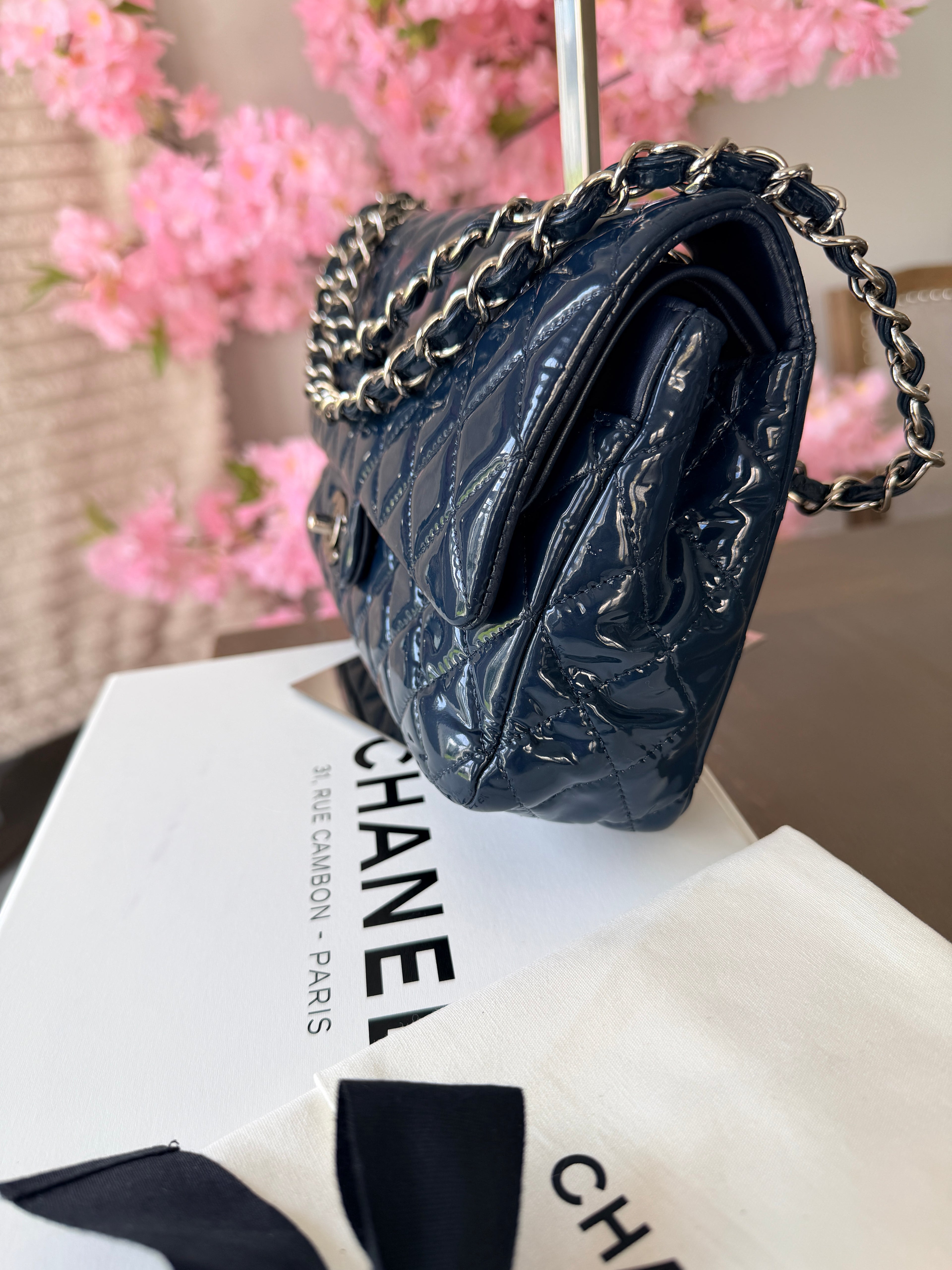 Chanel Timeless Classic Bag Double Flap Medium Navy Patent Leather Silver Hardware