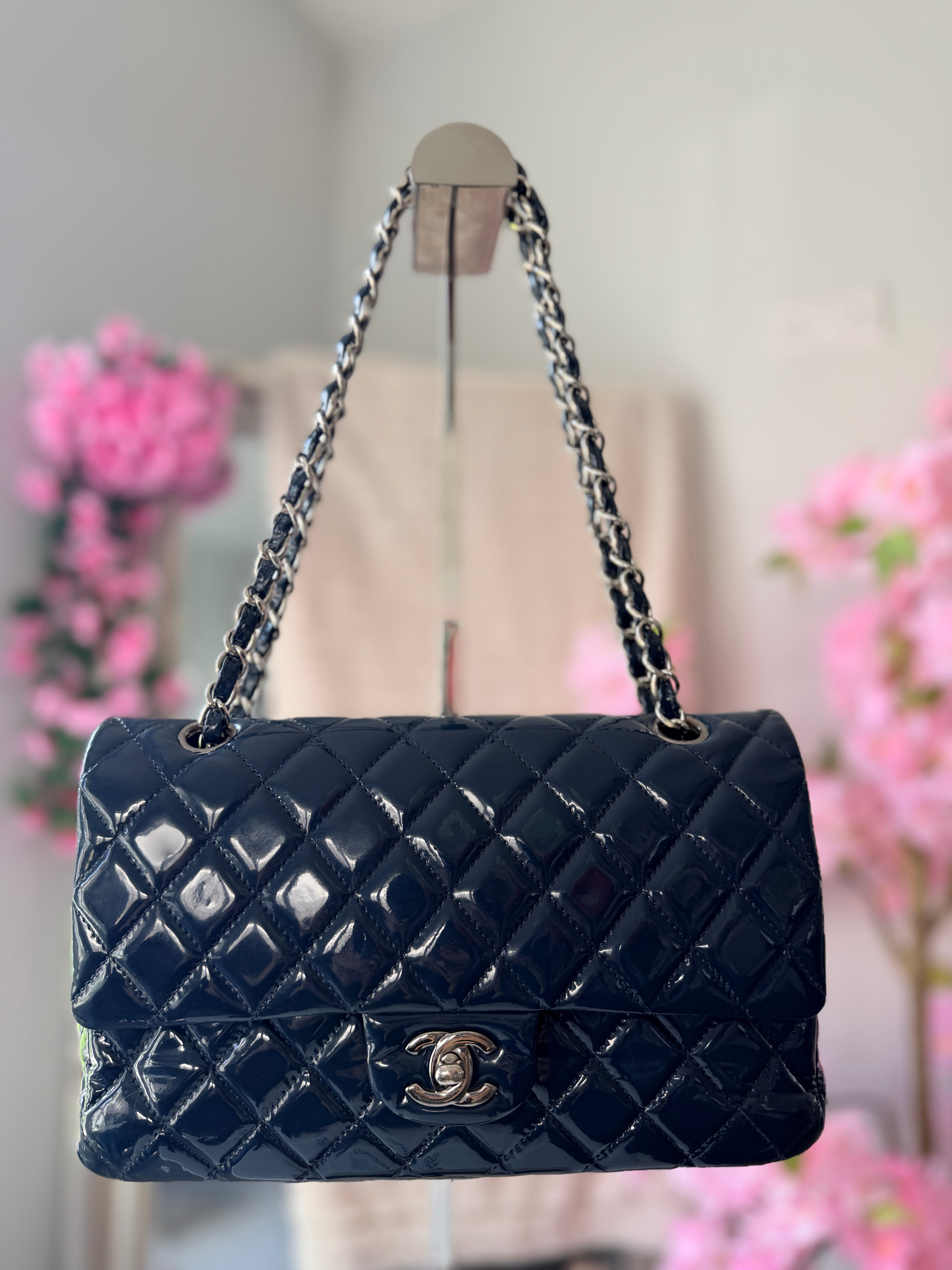 Chanel Timeless Classic Bag Double Flap Medium Navy Patent Leather Silver Hardware