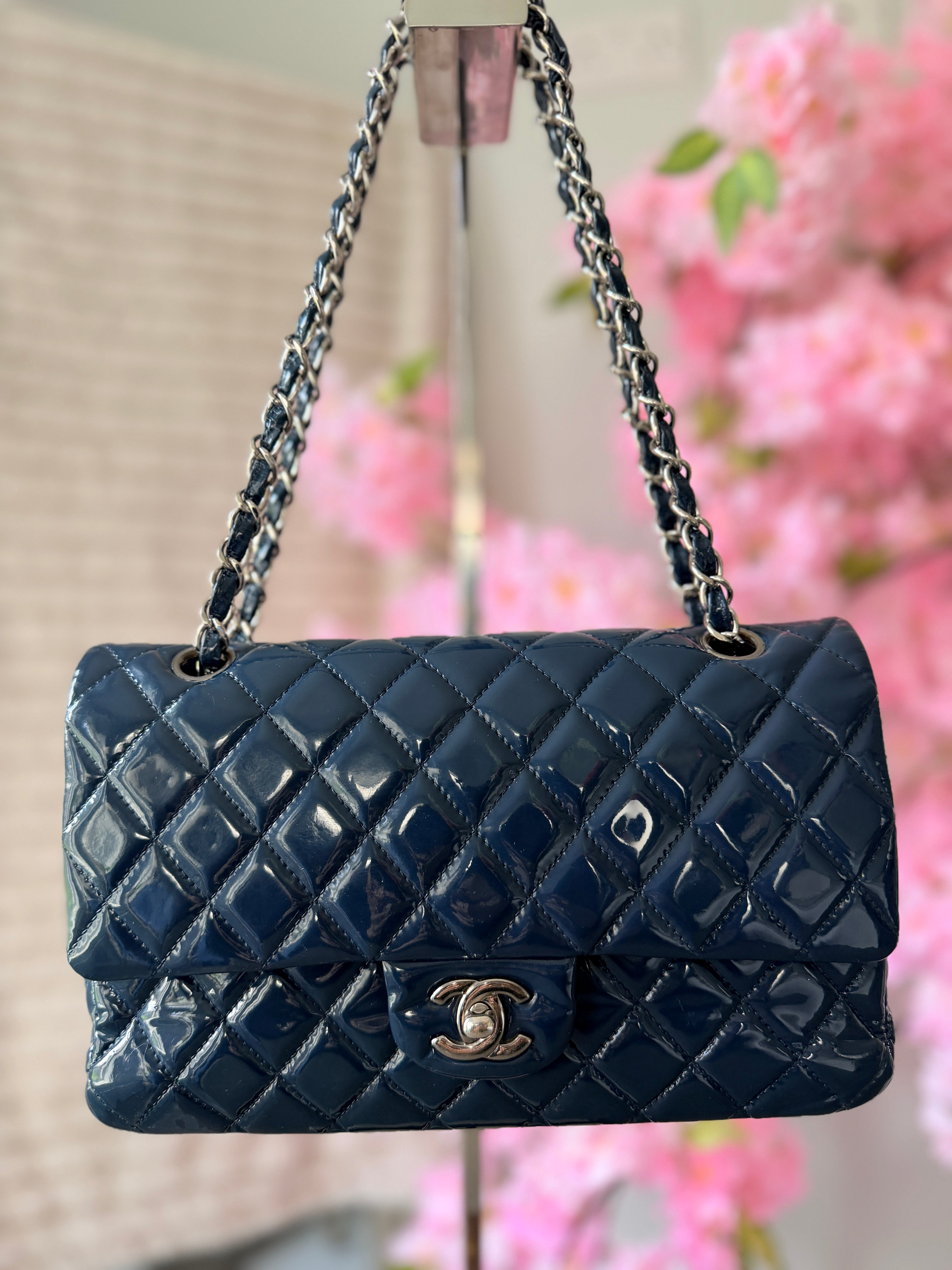 Chanel Timeless Classic Bag Double Flap Medium Navy Patent Leather Silver Hardware
