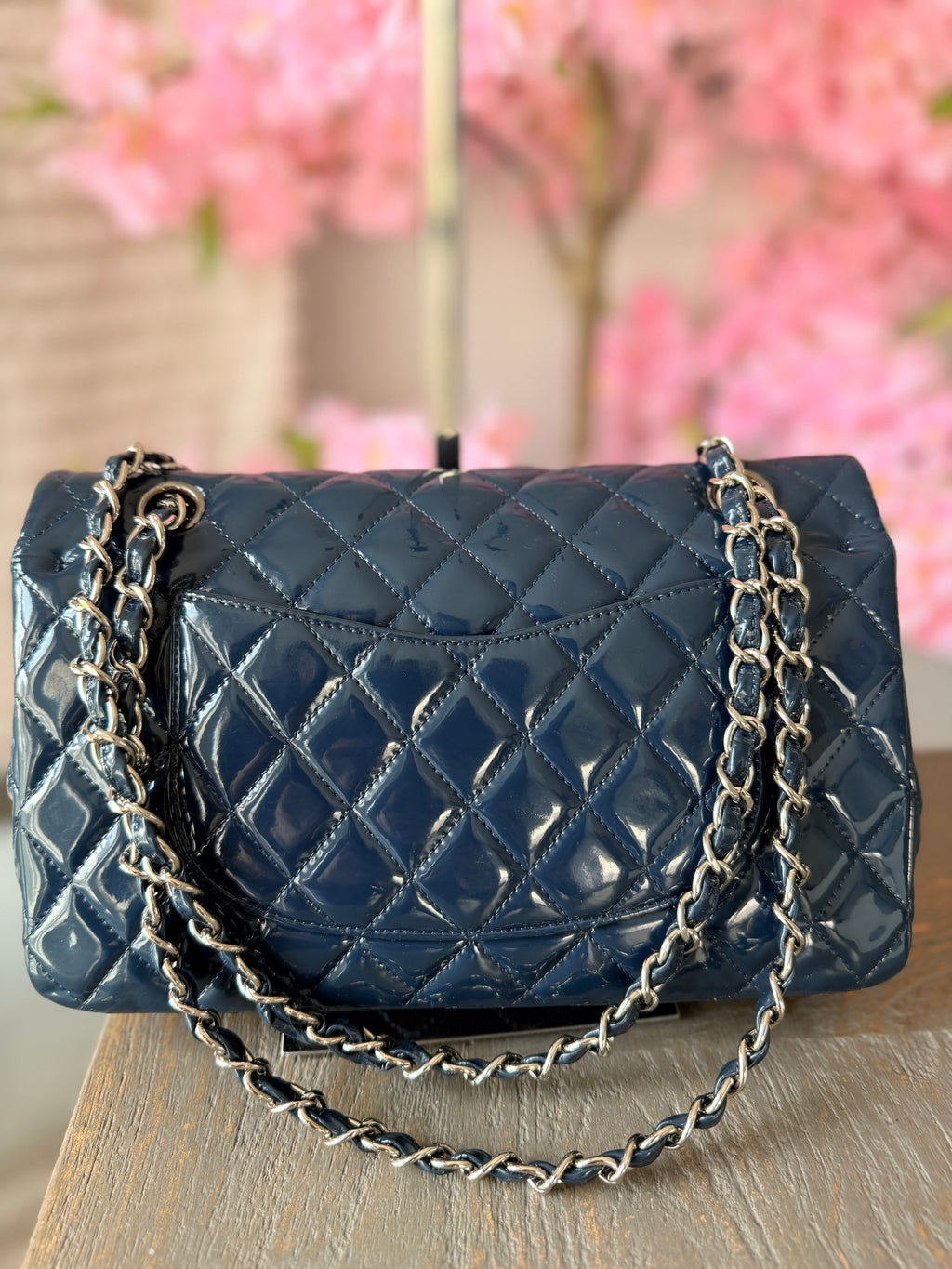 Chanel Timeless Classic Bag Double Flap Medium Navy Patent Leather Silver Hardware