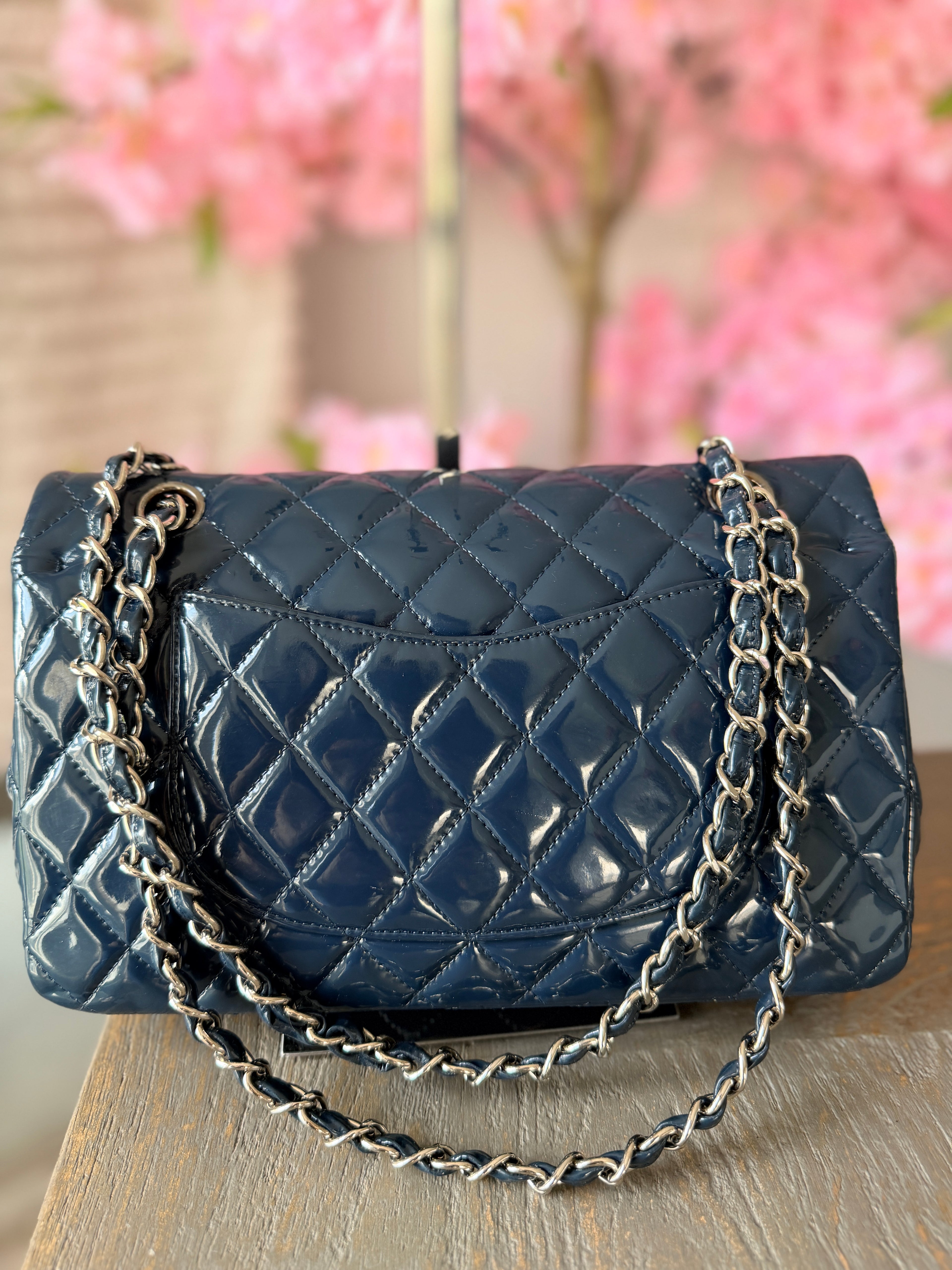 Chanel Timeless Classic Bag Double Flap Medium Navy Patent Leather Silver Hardware