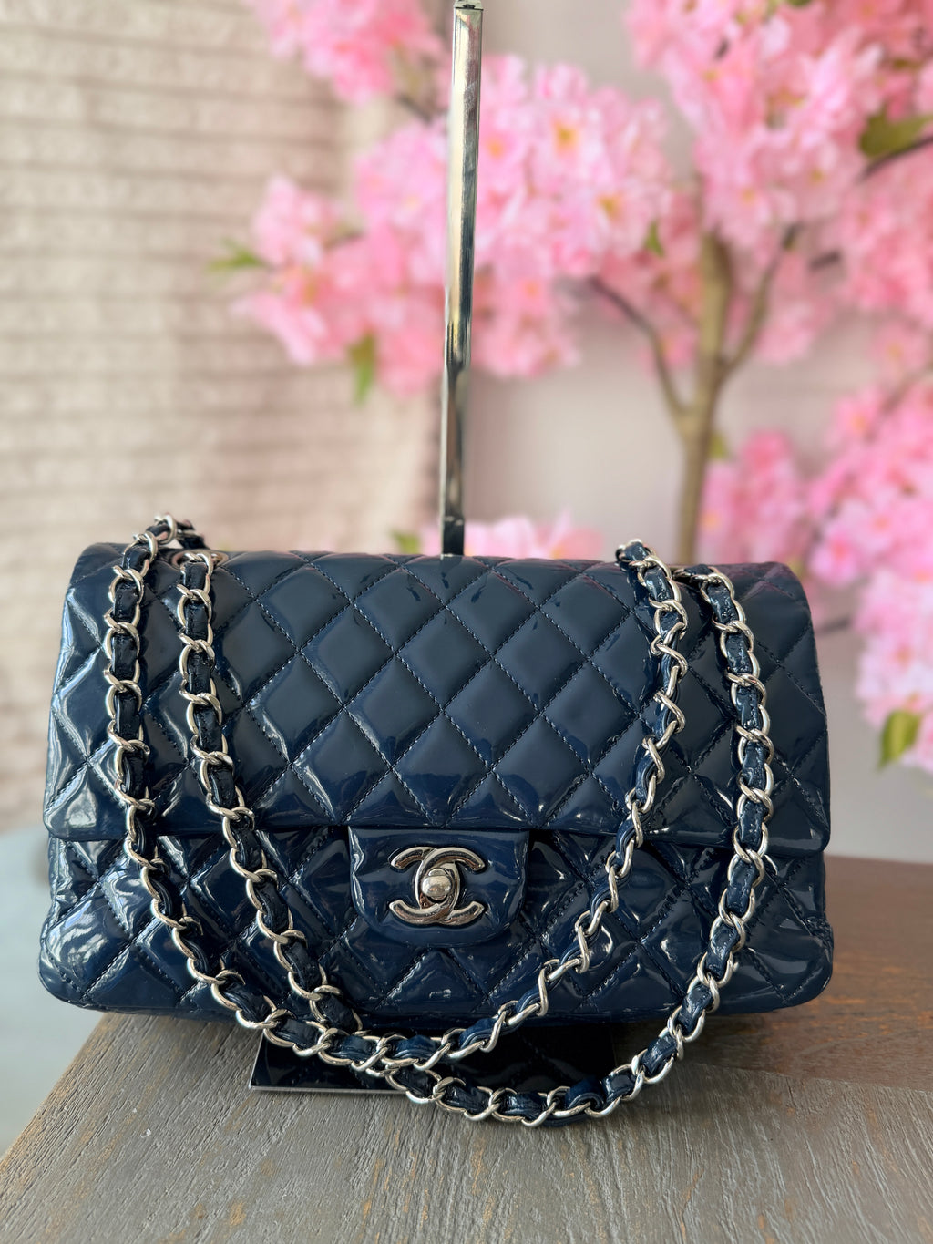 Chanel Timeless Classic Bag Double Flap Medium Navy Patent Leather Silver Hardware