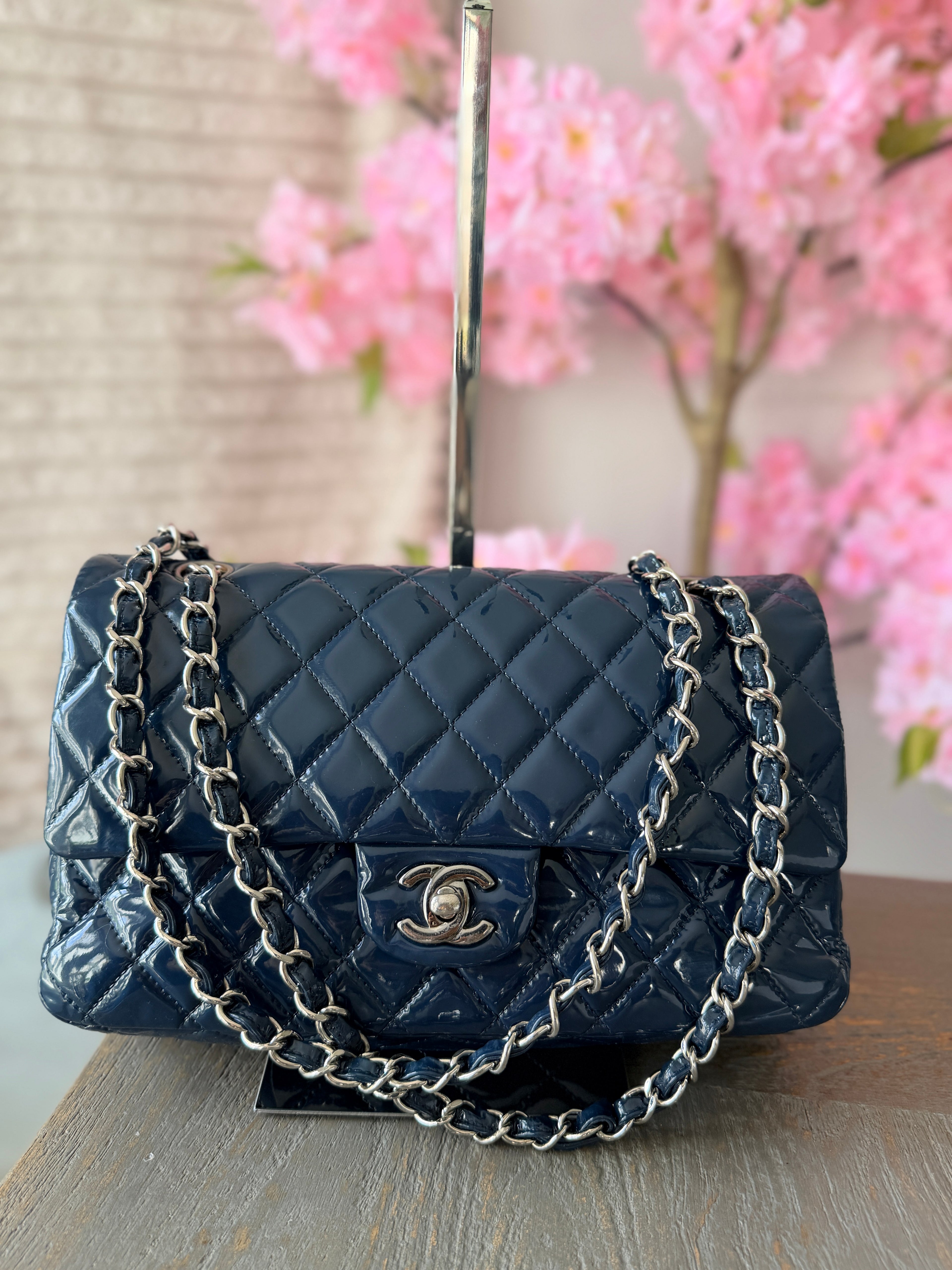 Chanel Timeless Classic Bag Double Flap Medium Navy Patent Leather Silver Hardware
