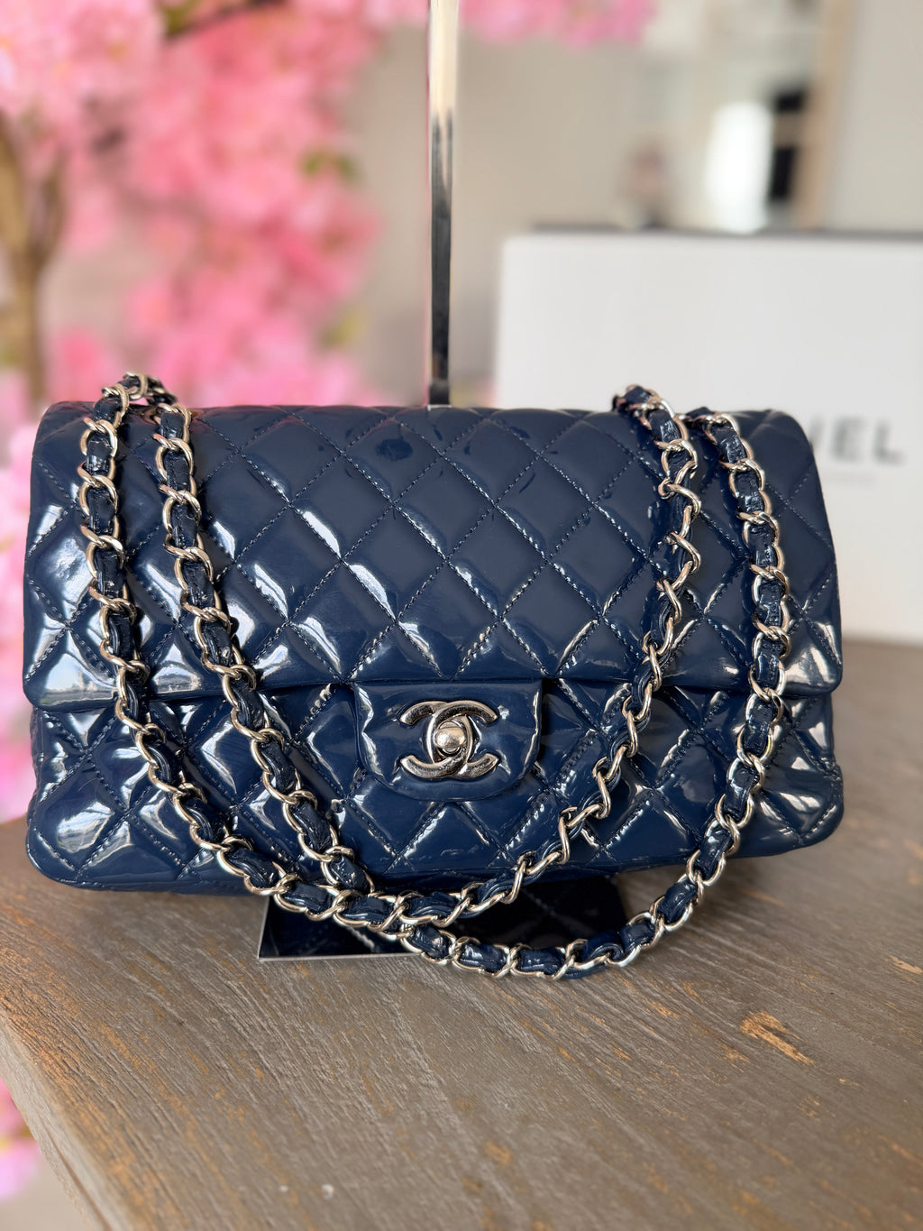 Chanel Timeless Classic Bag Double Flap Medium Navy Patent Leather Silver Hardware