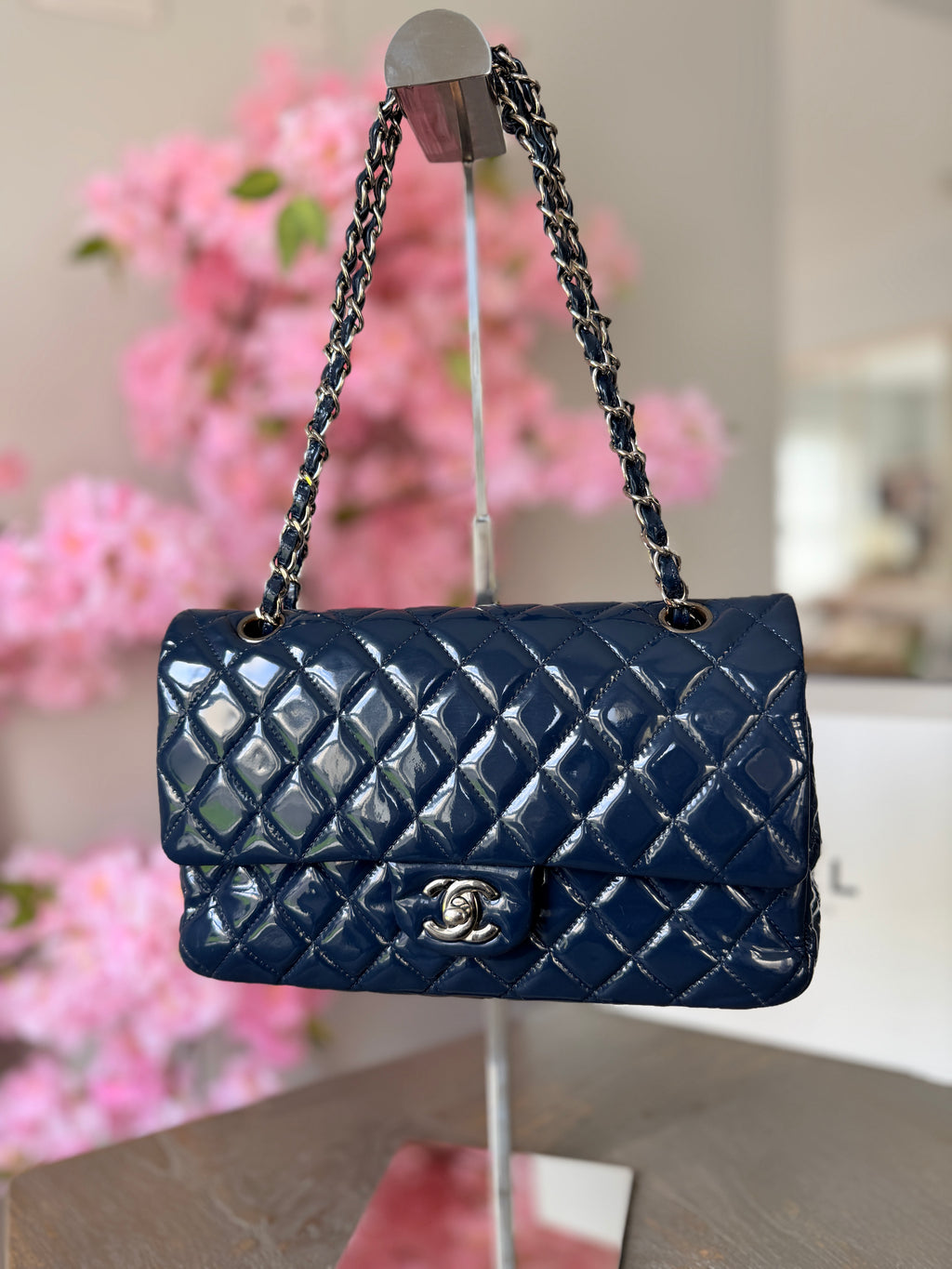 Chanel Timeless Classic Bag Double Flap Medium Navy Patent Leather Silver Hardware