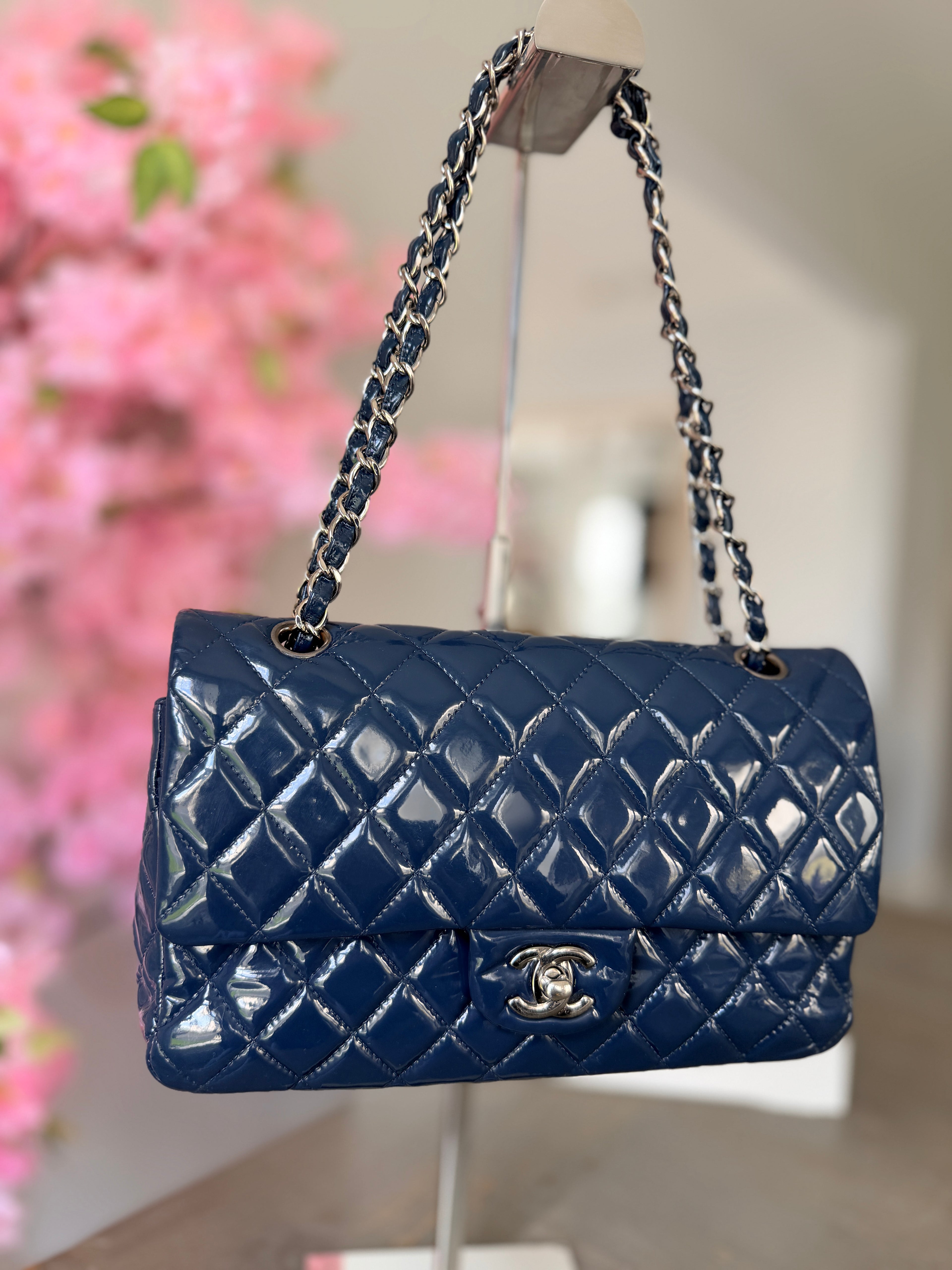 Chanel Timeless Classic Bag Double Flap Medium Navy Patent Leather Silver Hardware