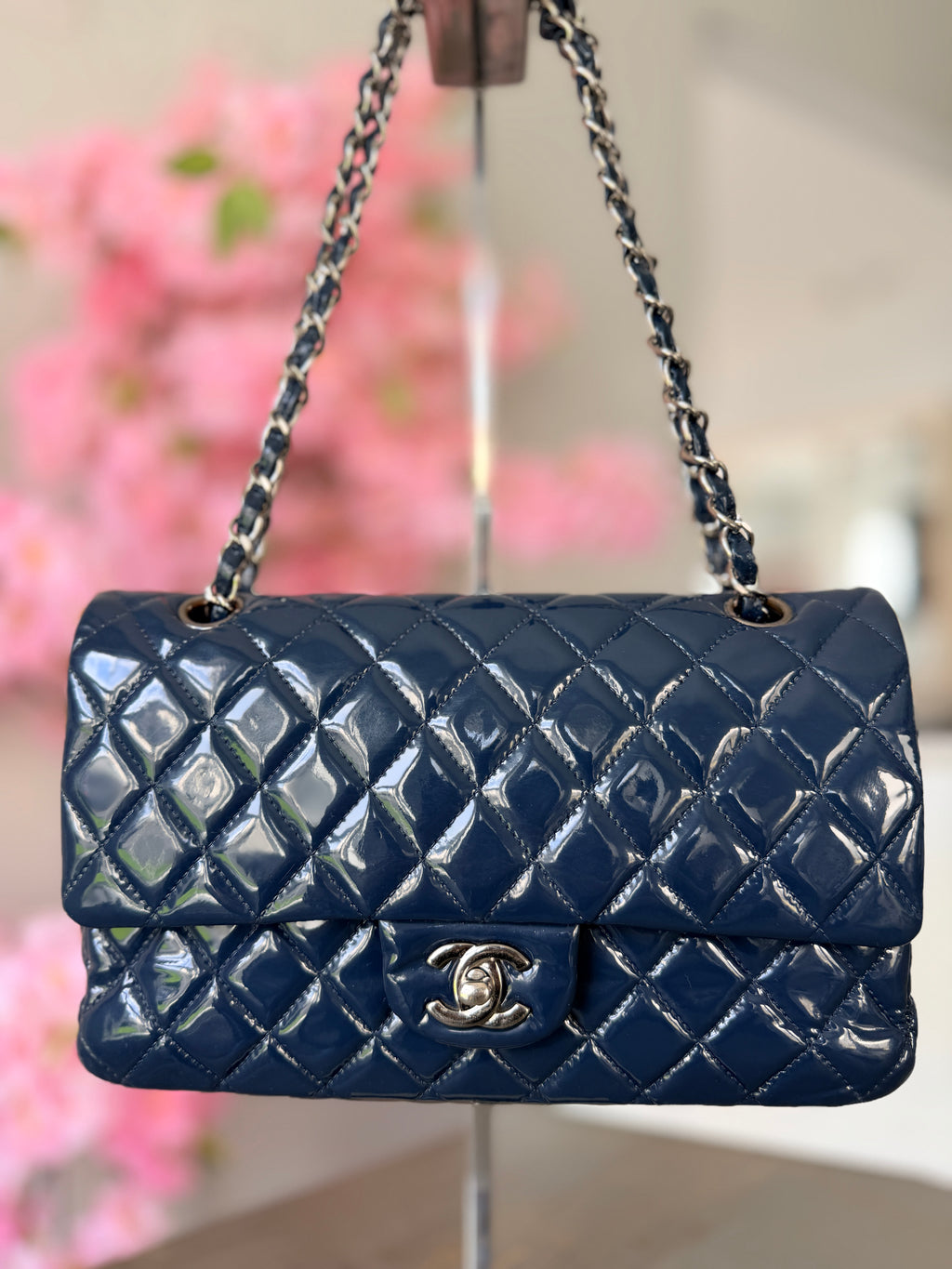 Chanel Timeless Classic Bag Double Flap Medium Navy Patent Leather Silver Hardware