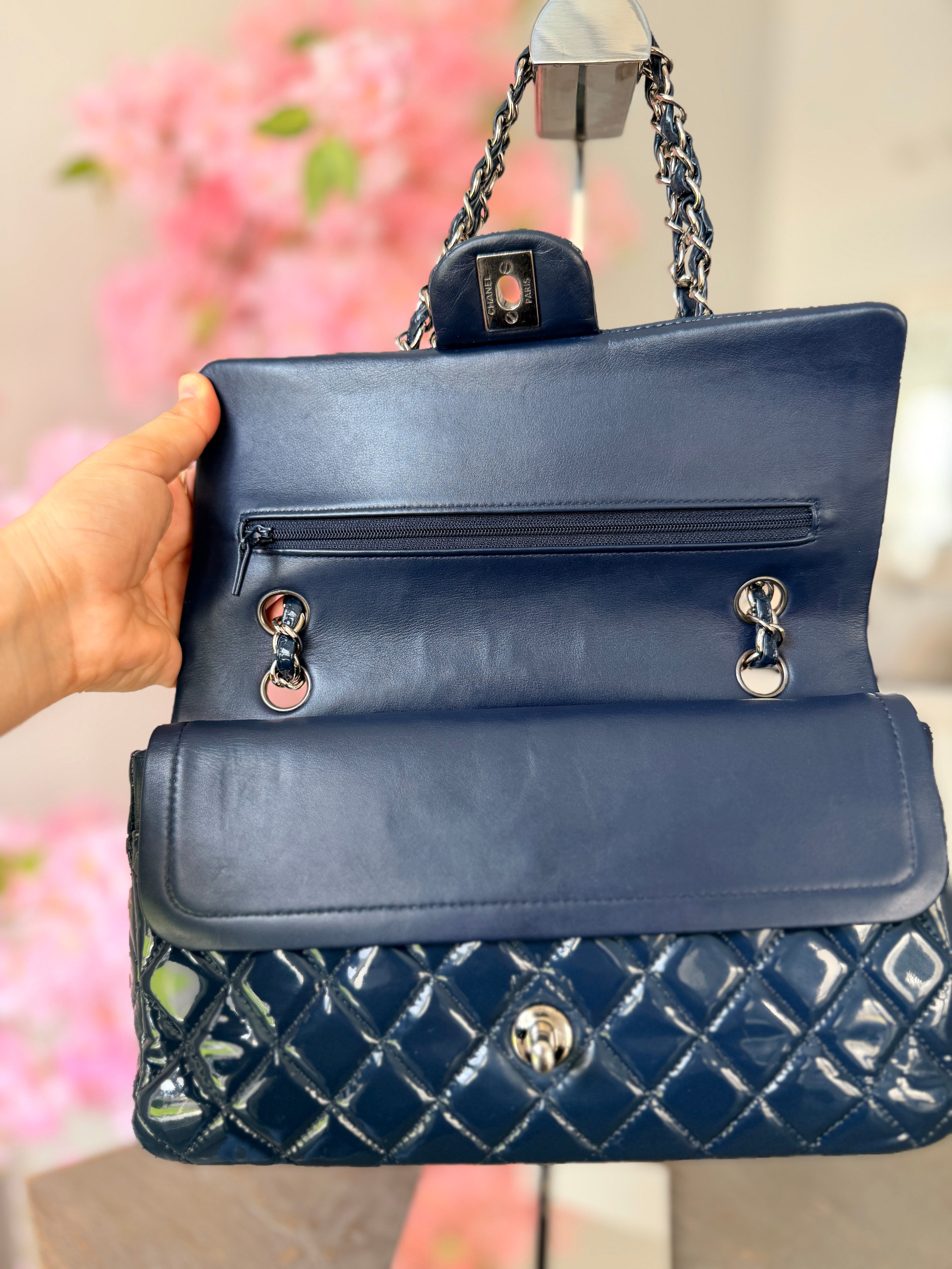 Chanel Timeless Classic Bag Double Flap Medium Navy Patent Leather Silver Hardware