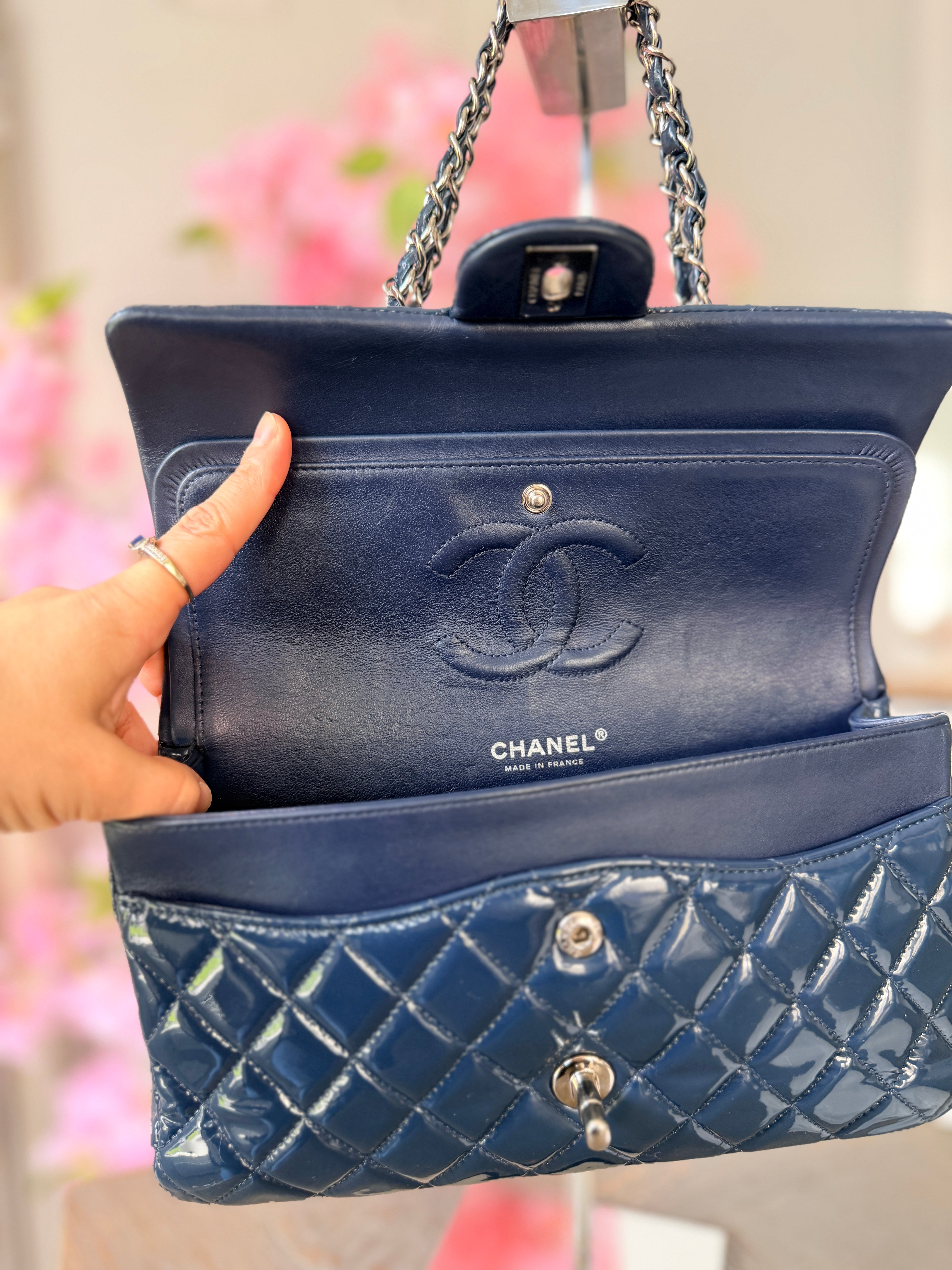 Chanel Timeless Classic Bag Double Flap Medium Navy Patent Leather Silver Hardware