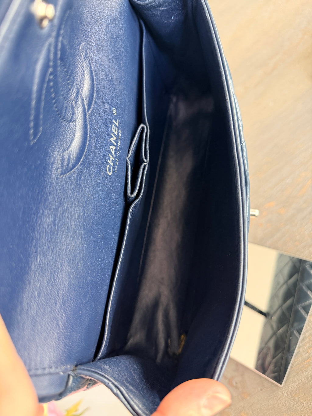 Chanel Timeless Classic Bag Double Flap Medium Navy Patent Leather Silver Hardware