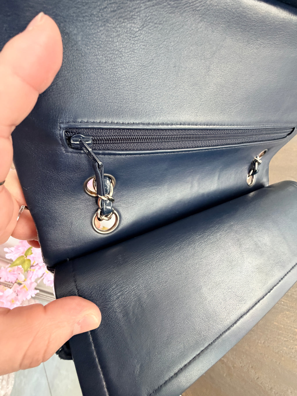 Chanel Timeless Classic Bag Double Flap Medium Navy Patent Leather Silver Hardware