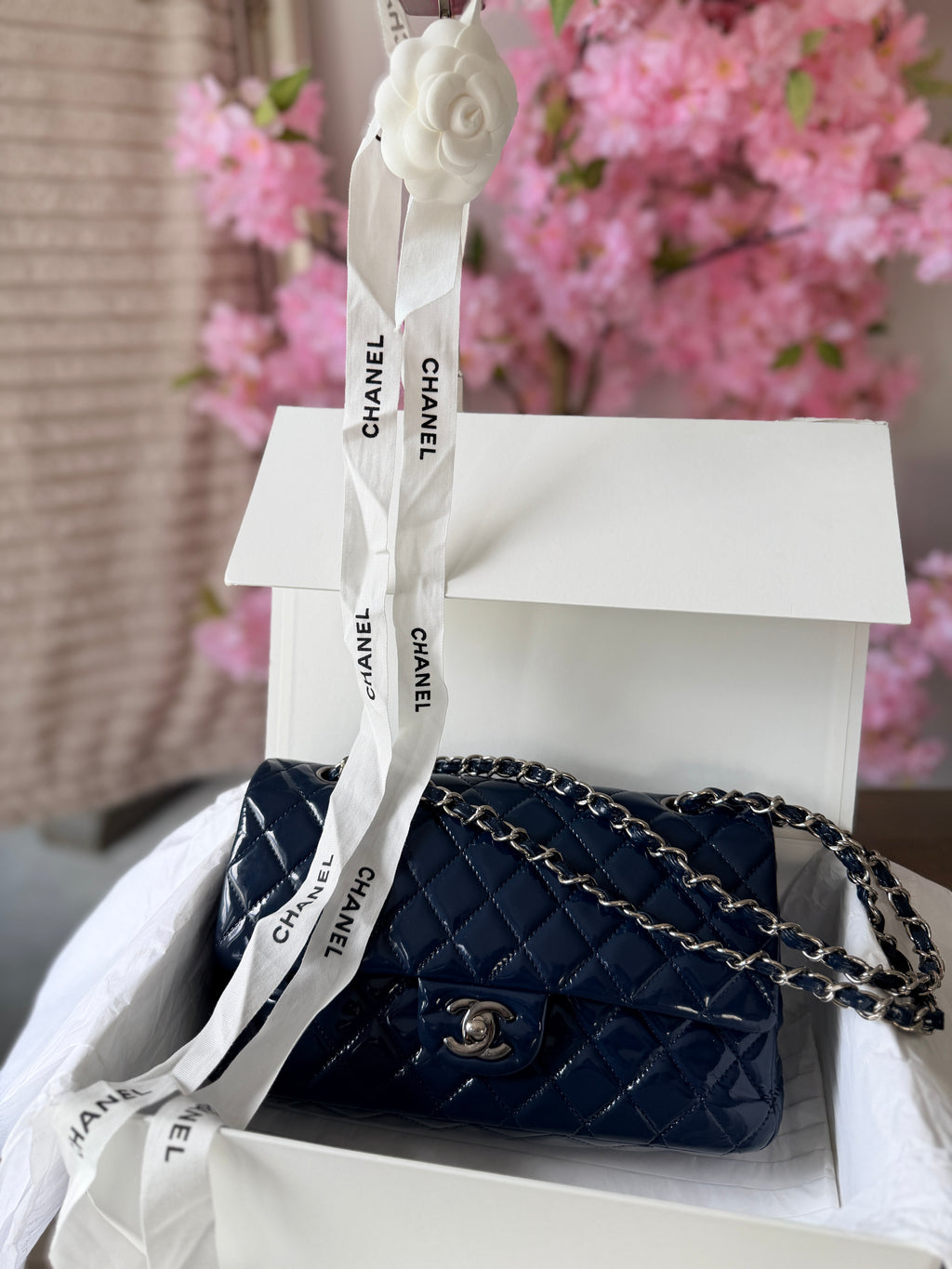 Chanel Timeless Classic Bag Double Flap Medium Navy Patent Leather Silver Hardware