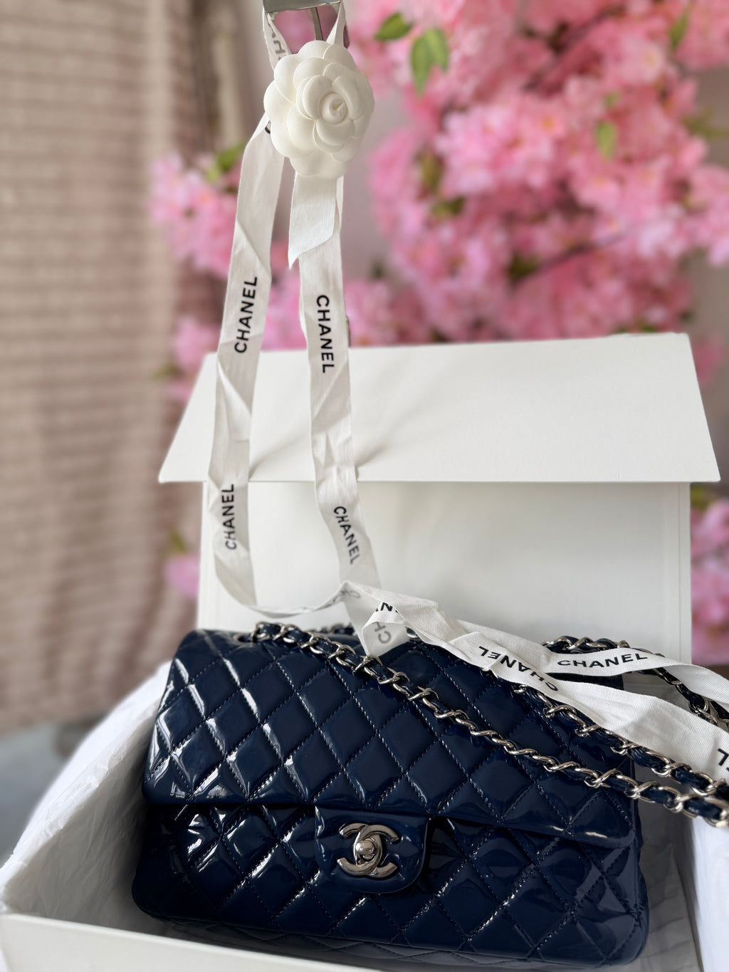 Chanel Timeless Classic Bag Double Flap Medium Navy Patent Leather Silver Hardware