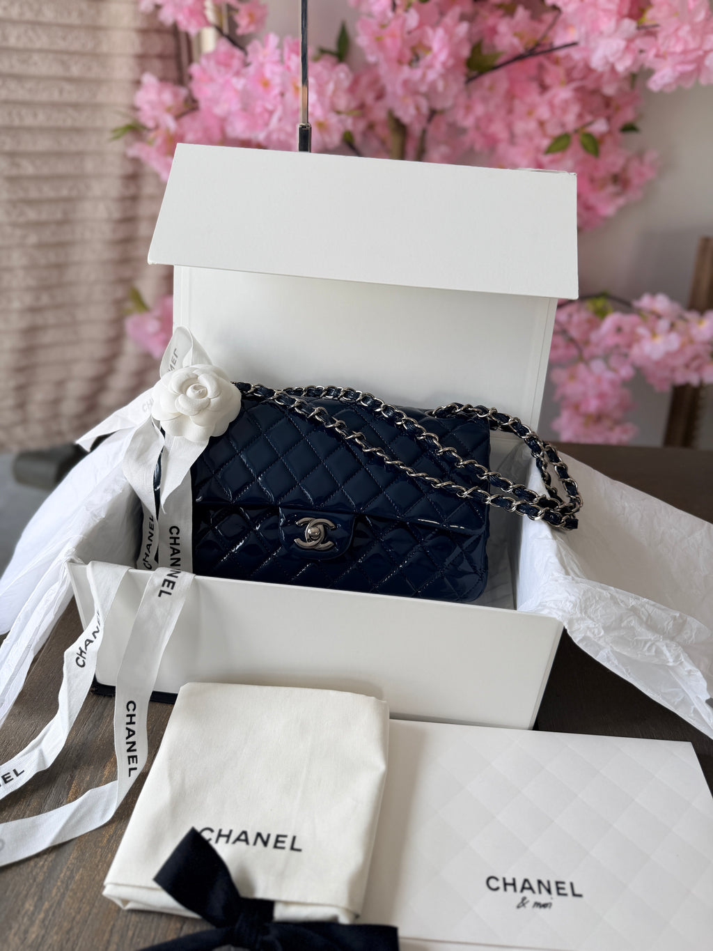 Chanel Timeless Classic Bag Double Flap Medium Navy Patent Leather Silver Hardware