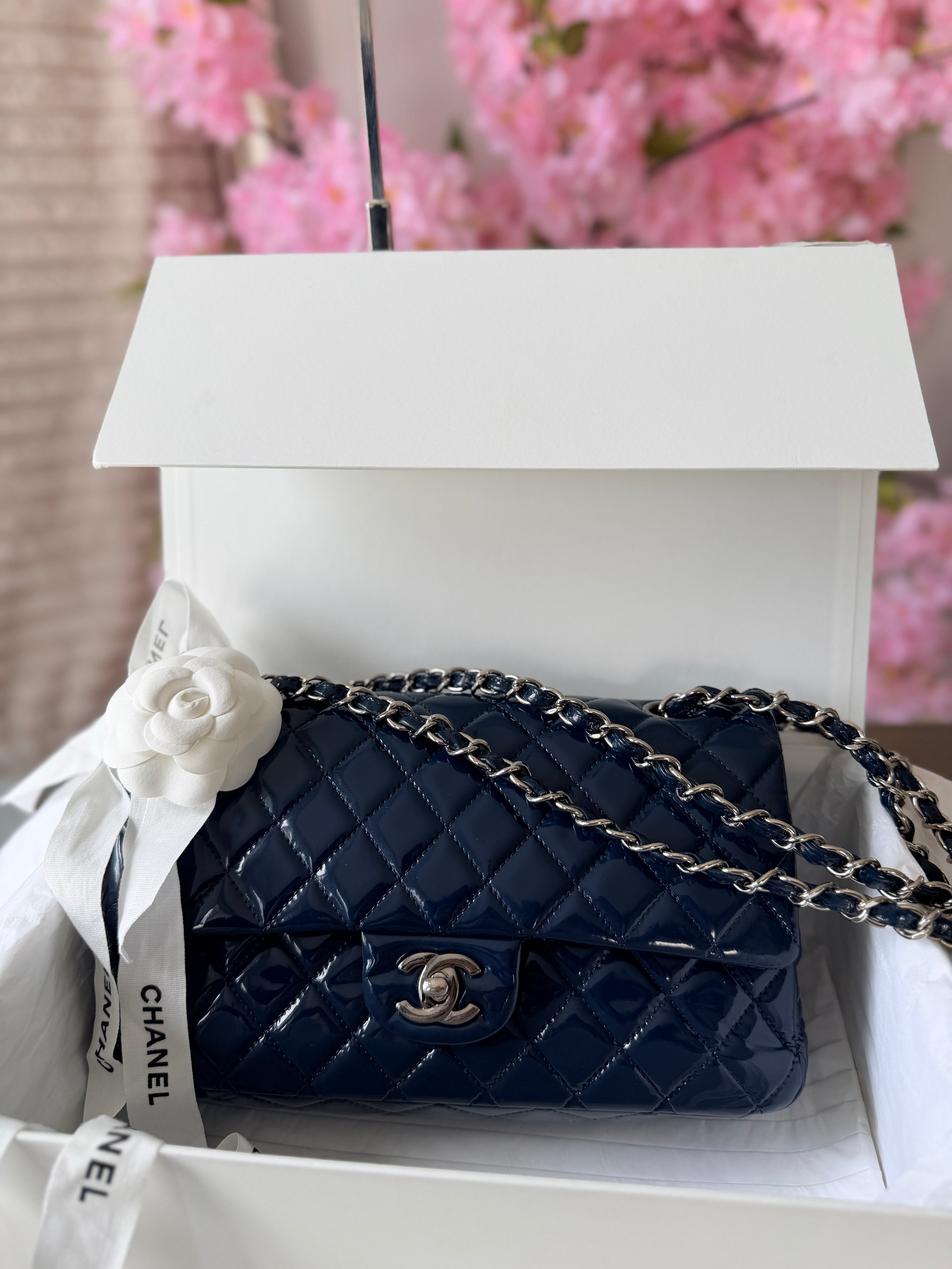Chanel Timeless Classic Bag Double Flap Medium Navy Patent Leather Silver Hardware