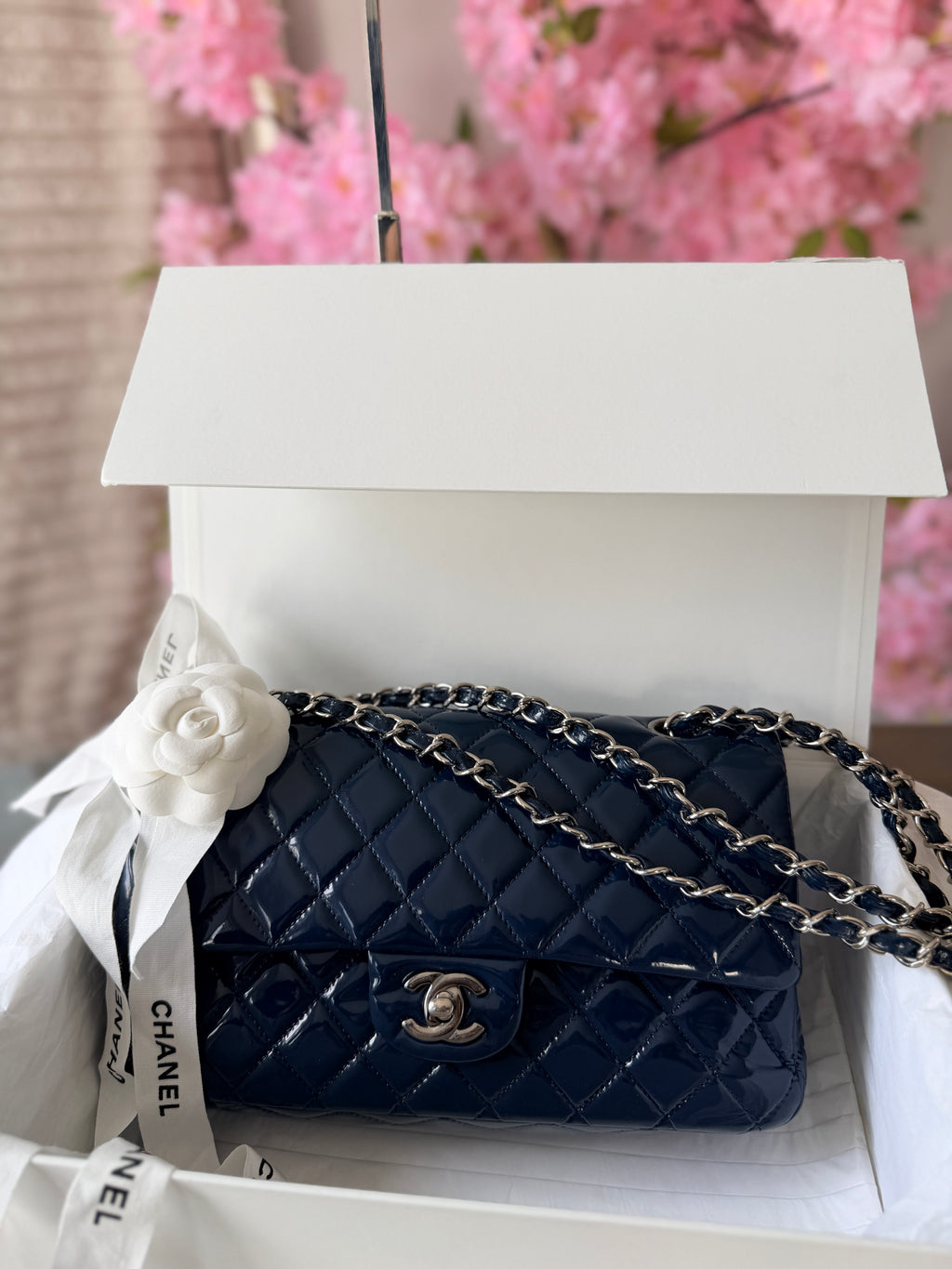 Chanel Timeless Classic Bag Double Flap Medium Navy Patent Leather Silver Hardware