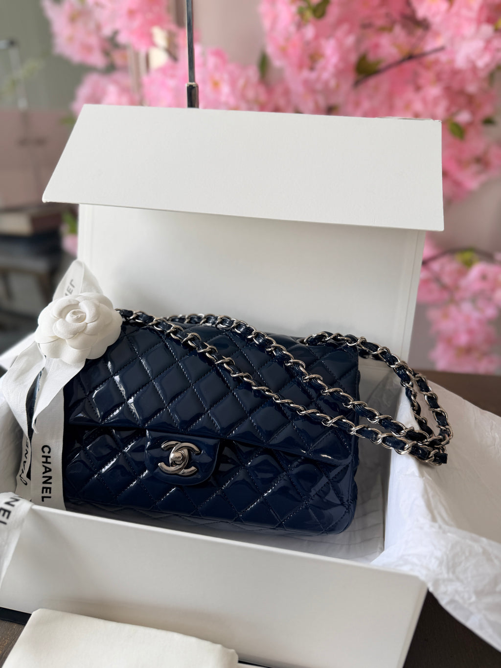 Chanel Timeless Classic Bag Double Flap Medium Navy Patent Leather Silver Hardware