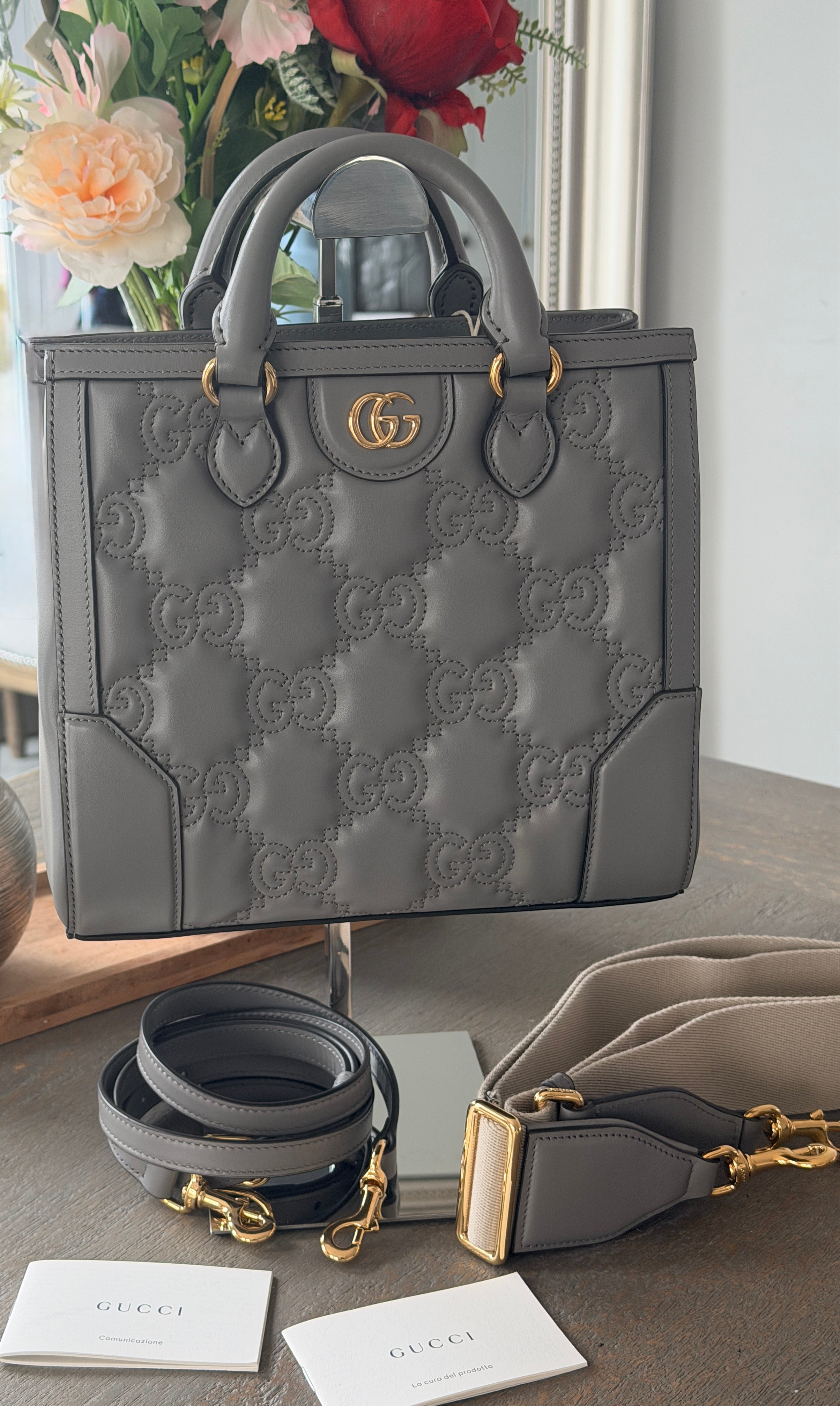Gucci GG Matelasse Medium Grey Leather Handbag Gold Hardware