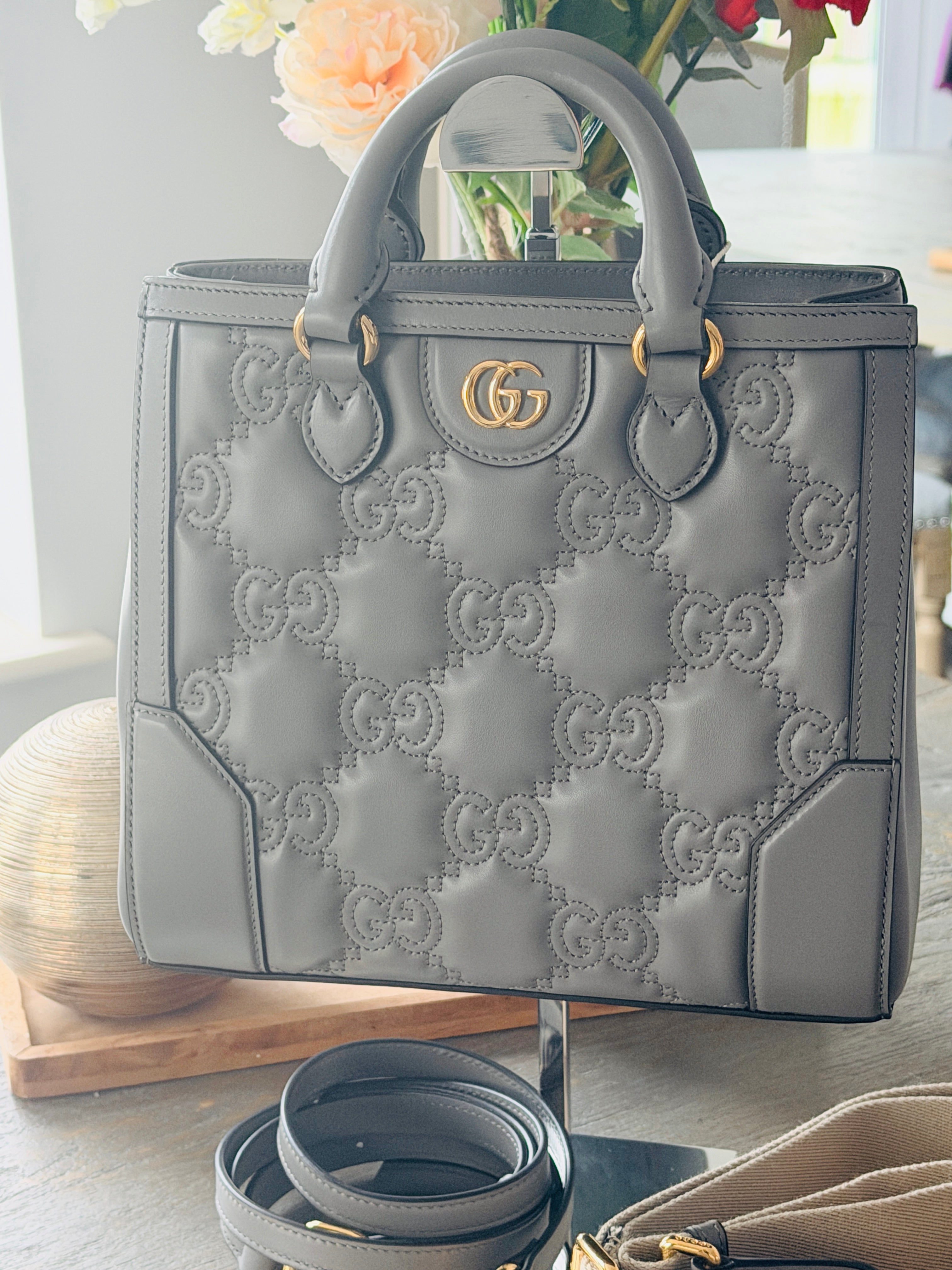 Gucci GG Matelasse Medium Grey Leather Handbag Gold Hardware