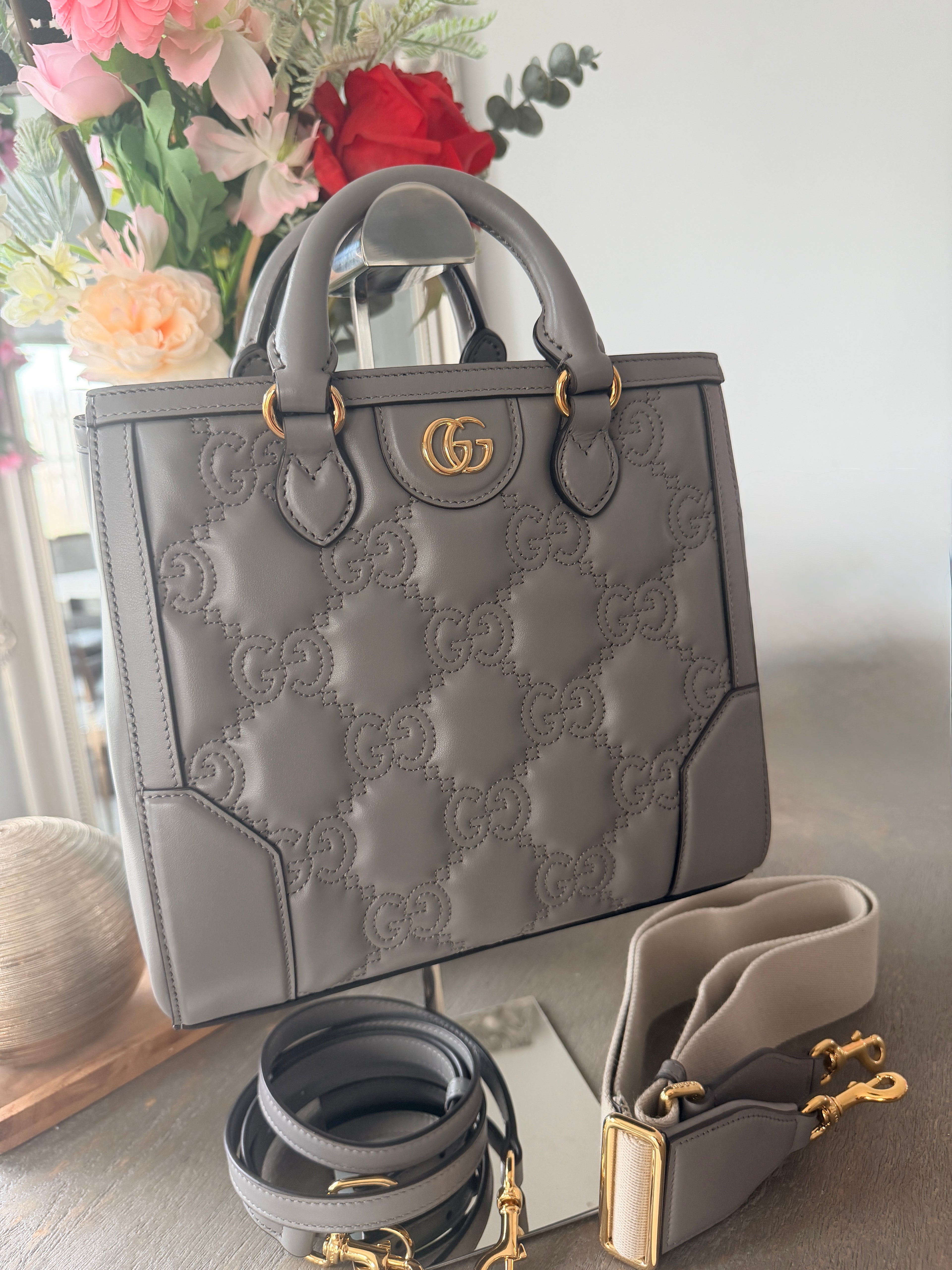 Gucci GG Matelasse Medium Grey Leather Handbag Gold Hardware