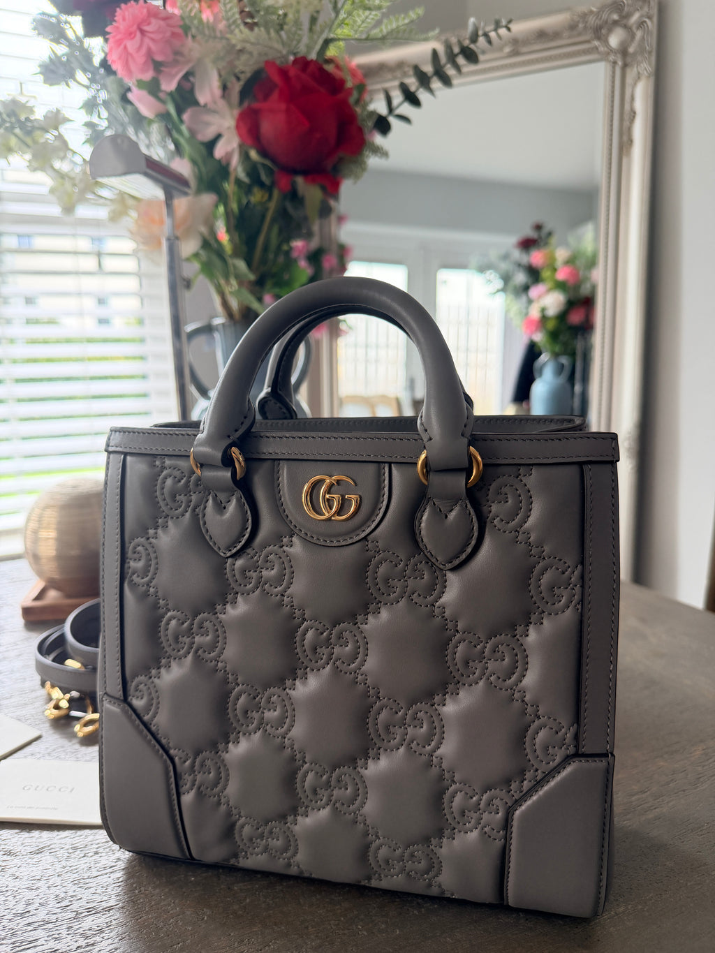 Gucci GG Matelasse Medium Grey Leather Handbag Gold Hardware