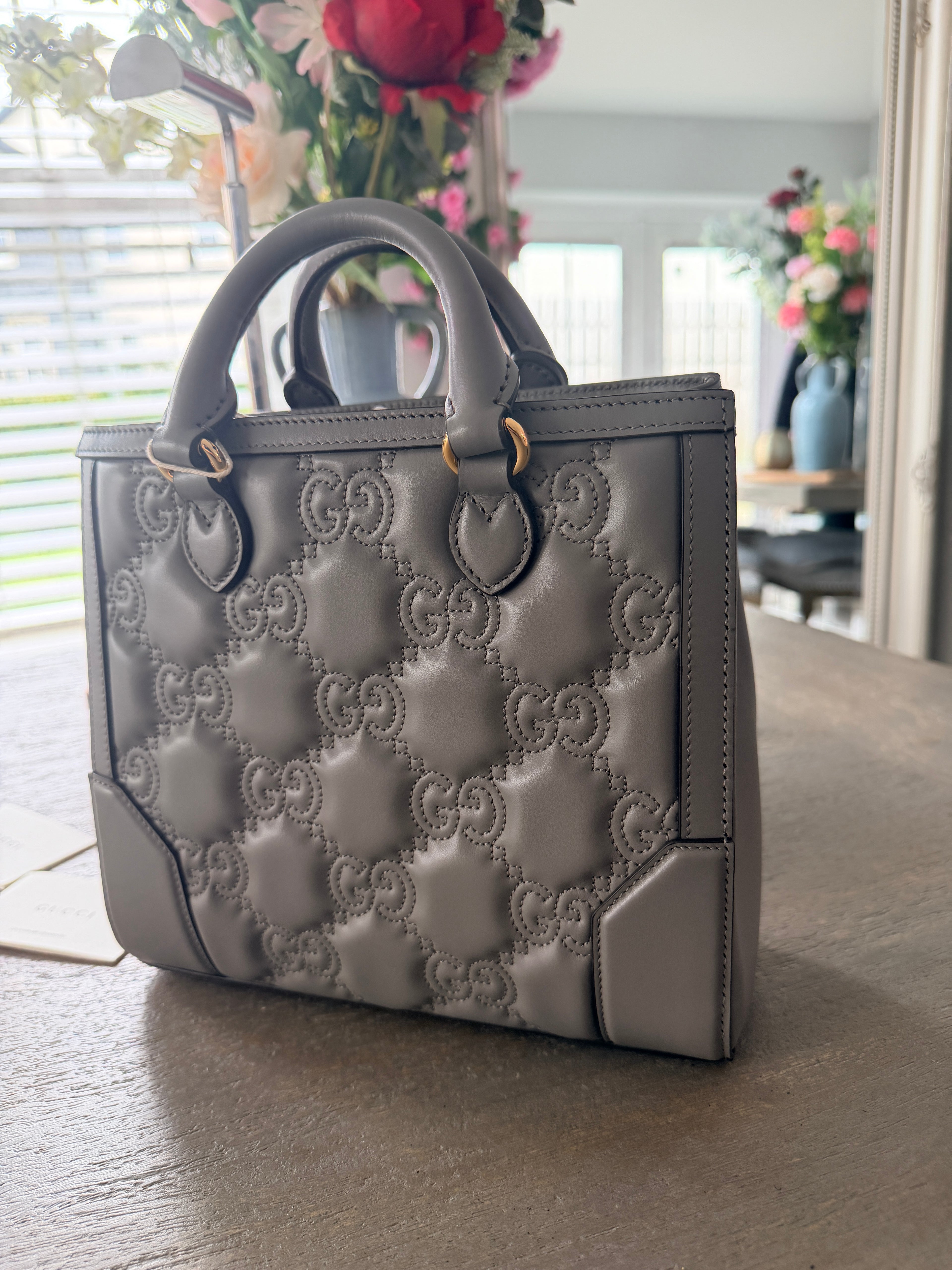 Gucci GG Matelasse Medium Grey Leather Handbag Gold Hardware