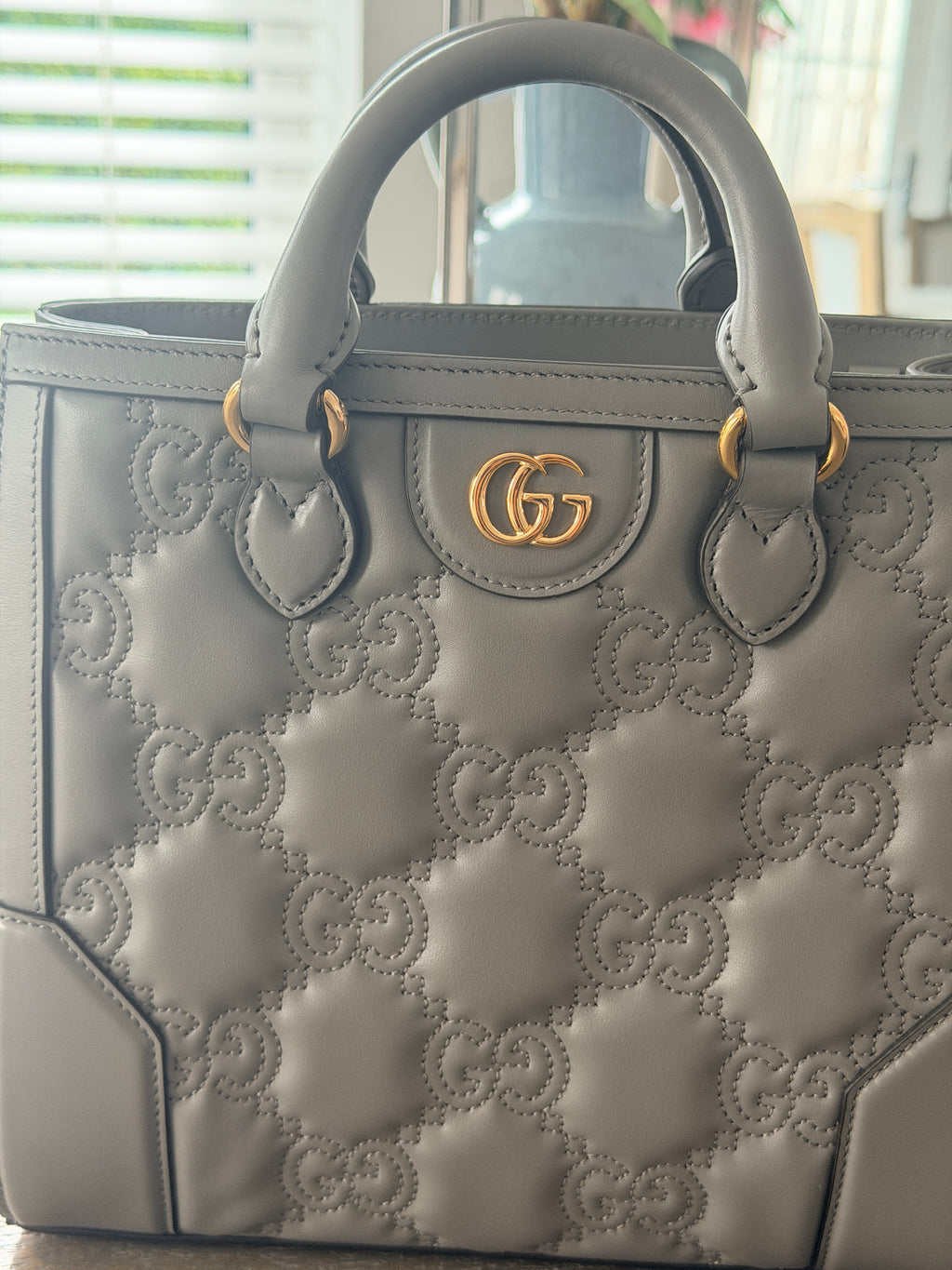 Gucci GG Matelasse Medium Grey Leather Handbag Gold Hardware