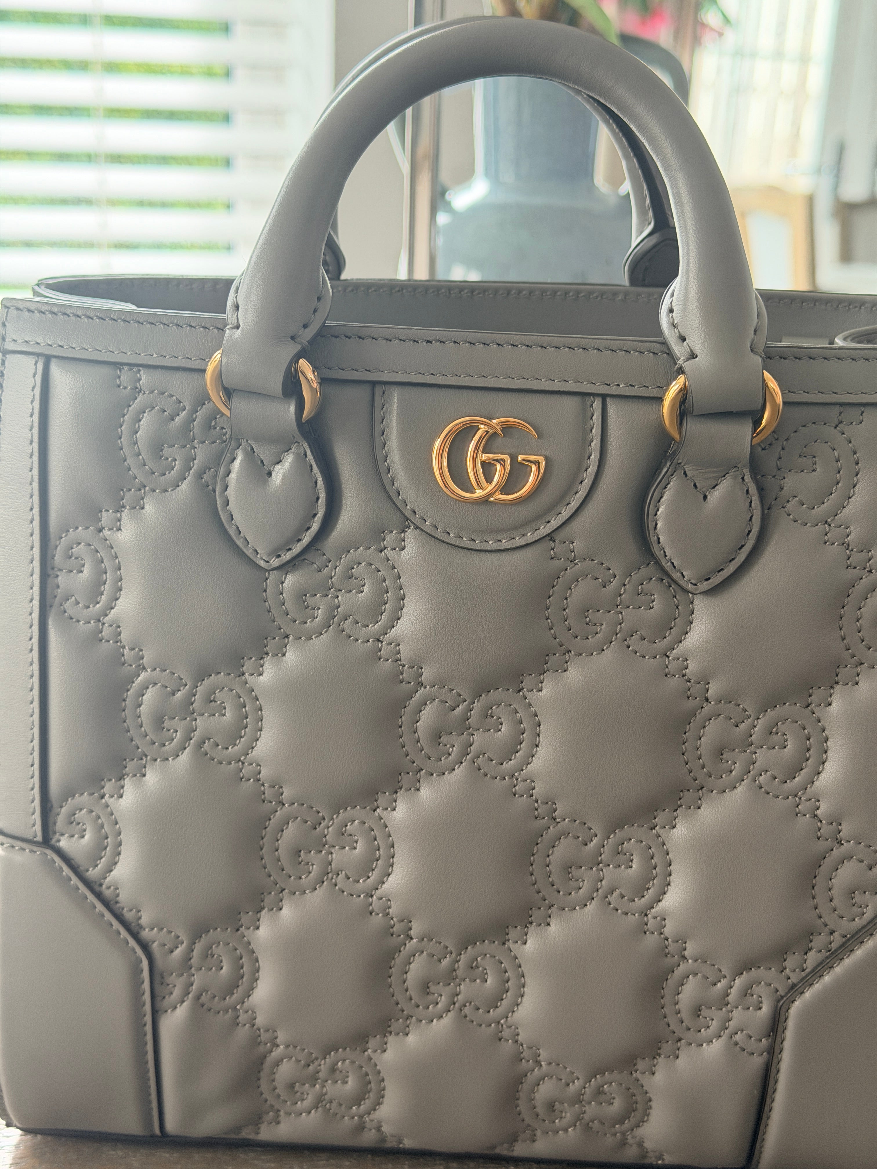Gucci GG Matelasse Medium Grey Leather Handbag Gold Hardware