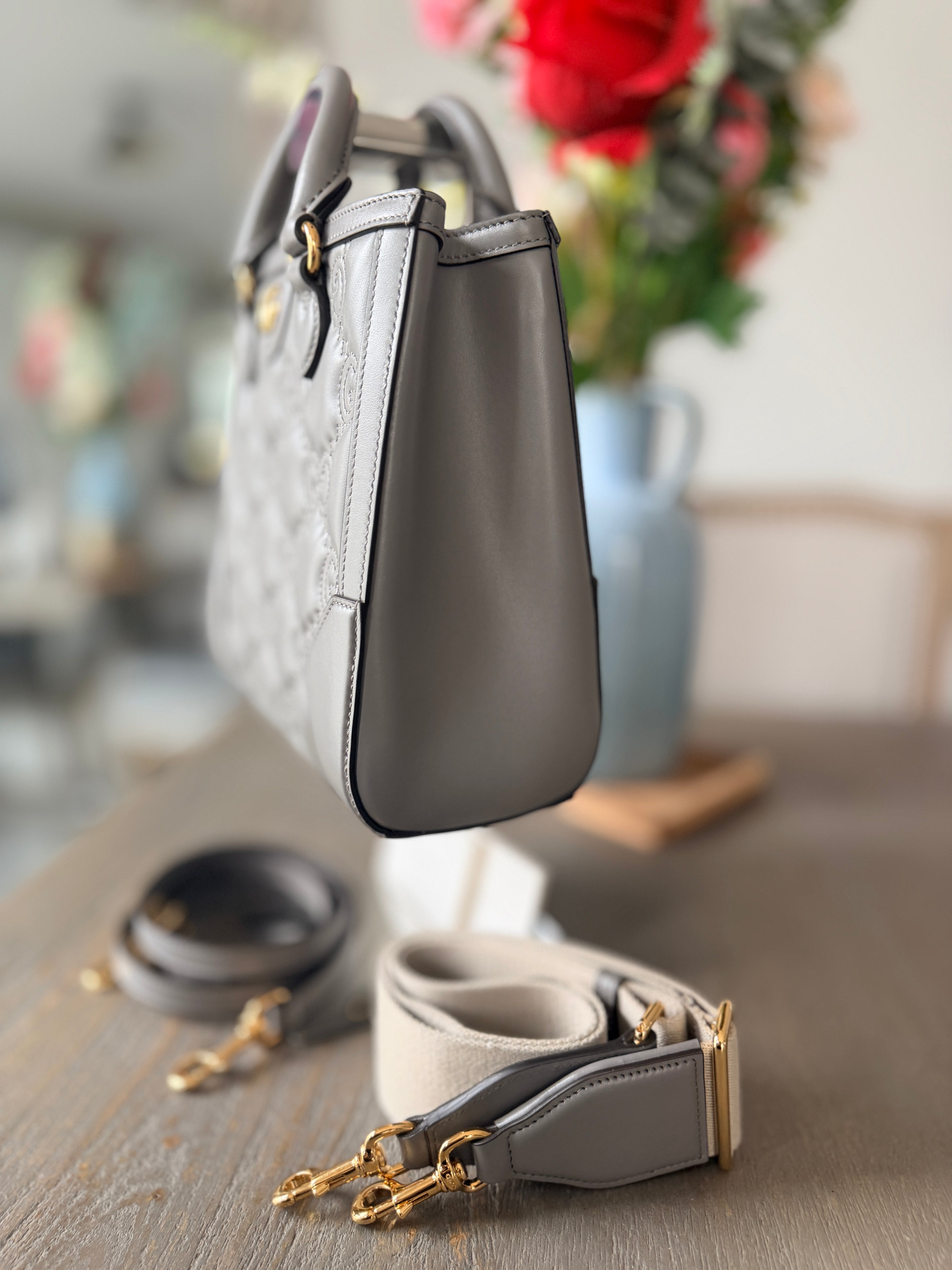 Gucci GG Matelasse Medium Grey Leather Handbag Gold Hardware