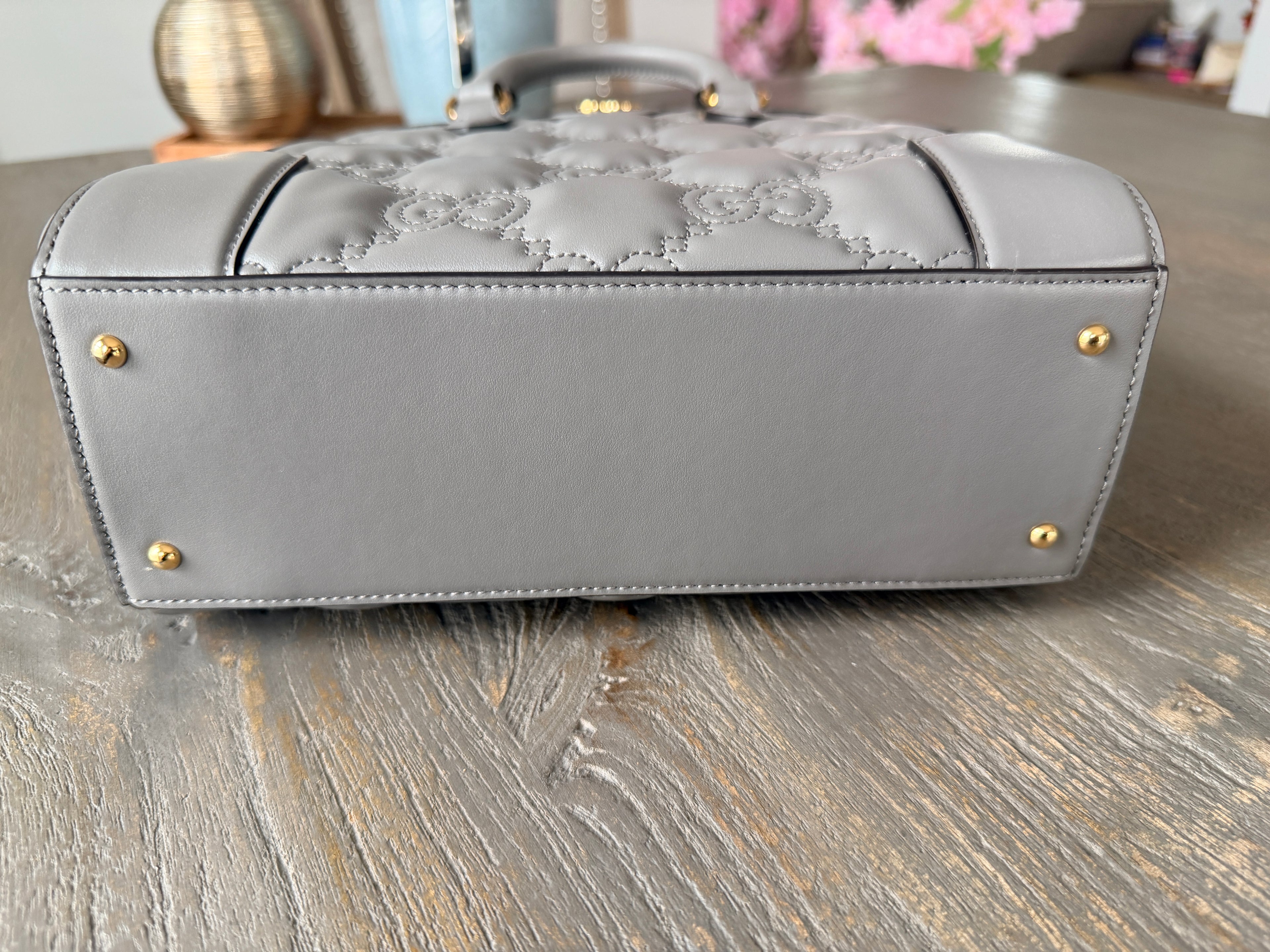 Gucci GG Matelasse Medium Grey Leather Handbag Gold Hardware
