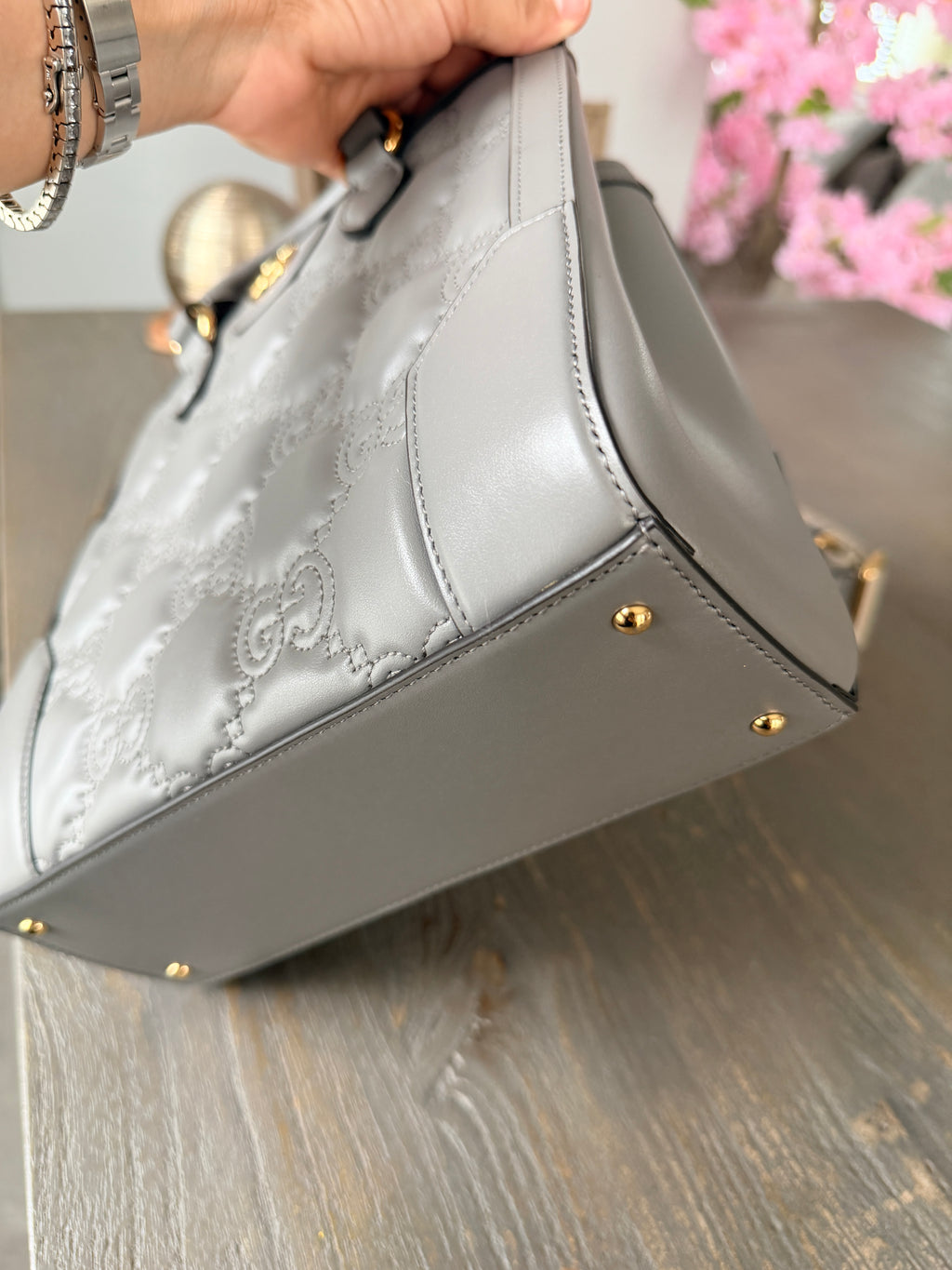 Gucci GG Matelasse Medium Grey Leather Handbag Gold Hardware