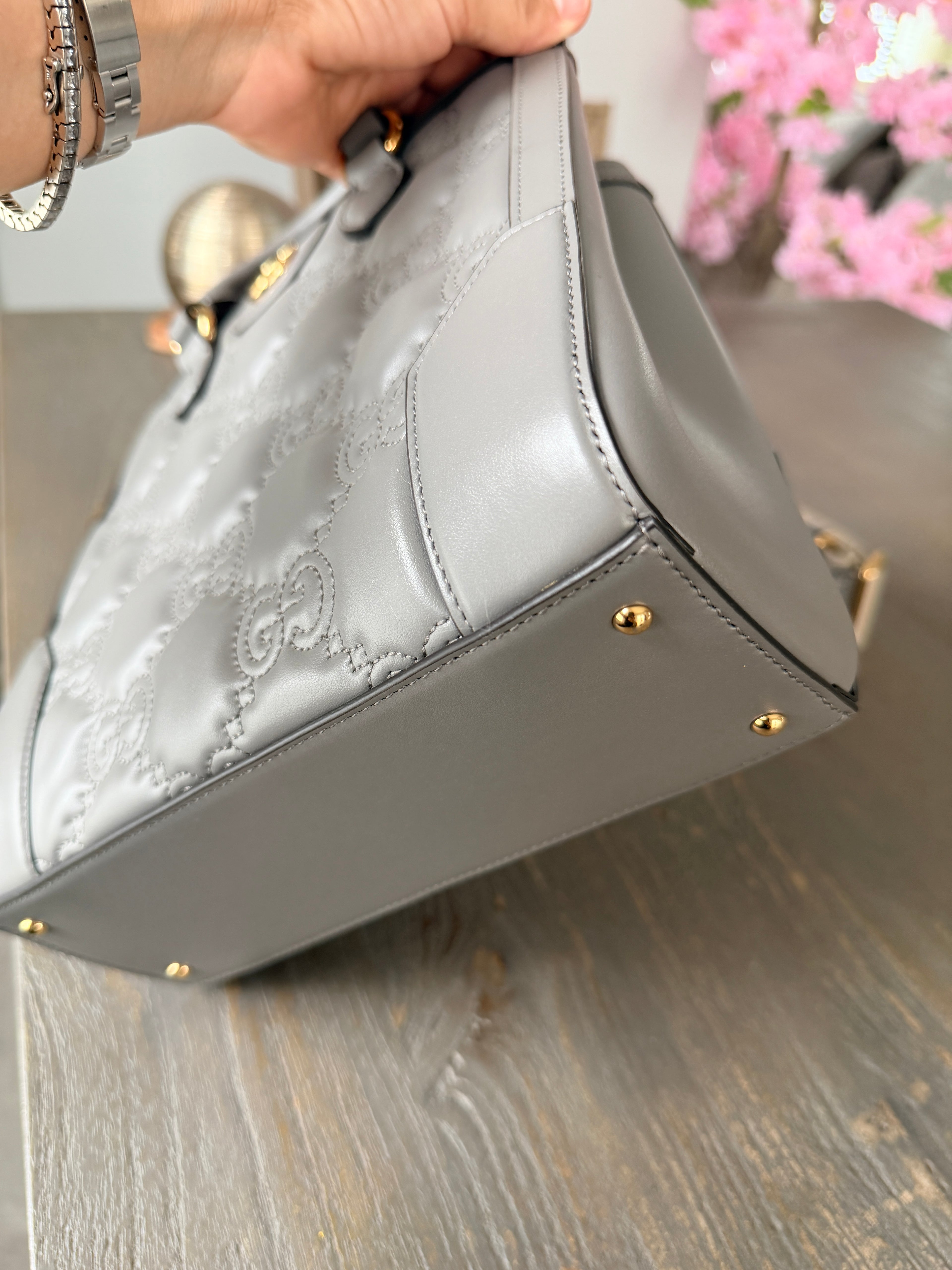 Gucci GG Matelasse Medium Grey Leather Handbag Gold Hardware