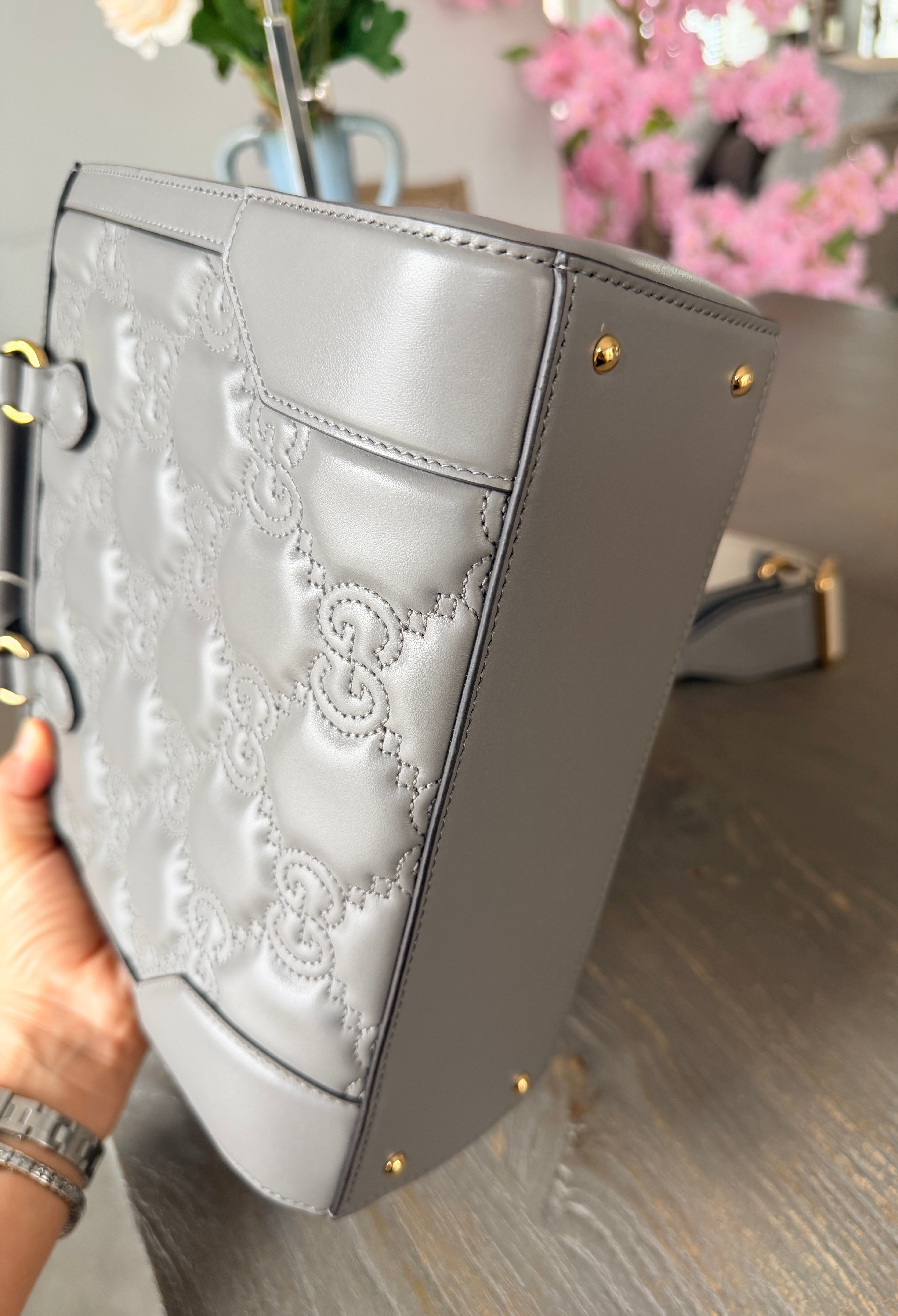 Gucci GG Matelasse Medium Grey Leather Handbag Gold Hardware
