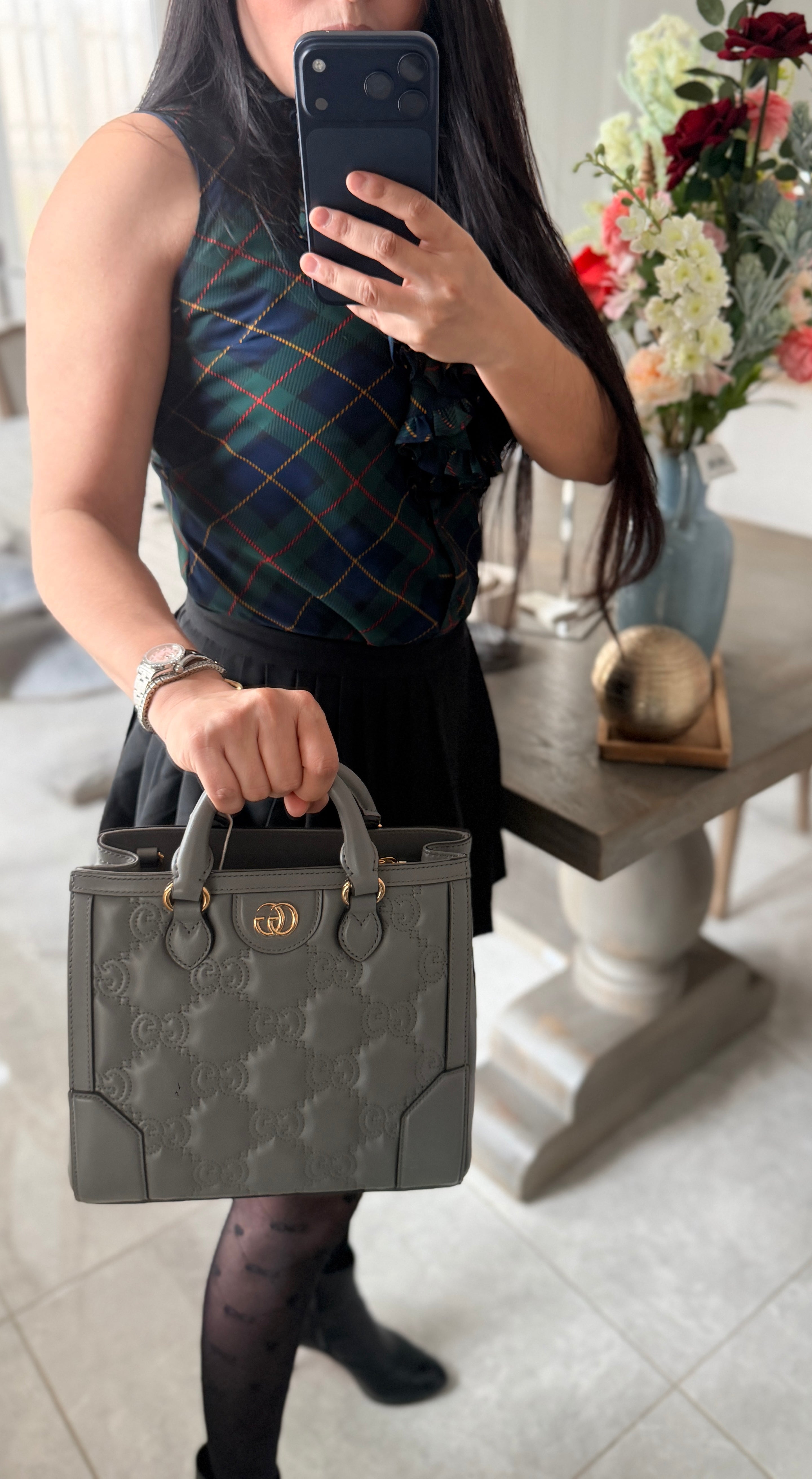 Gucci GG Matelasse Medium Grey Leather Handbag Gold Hardware