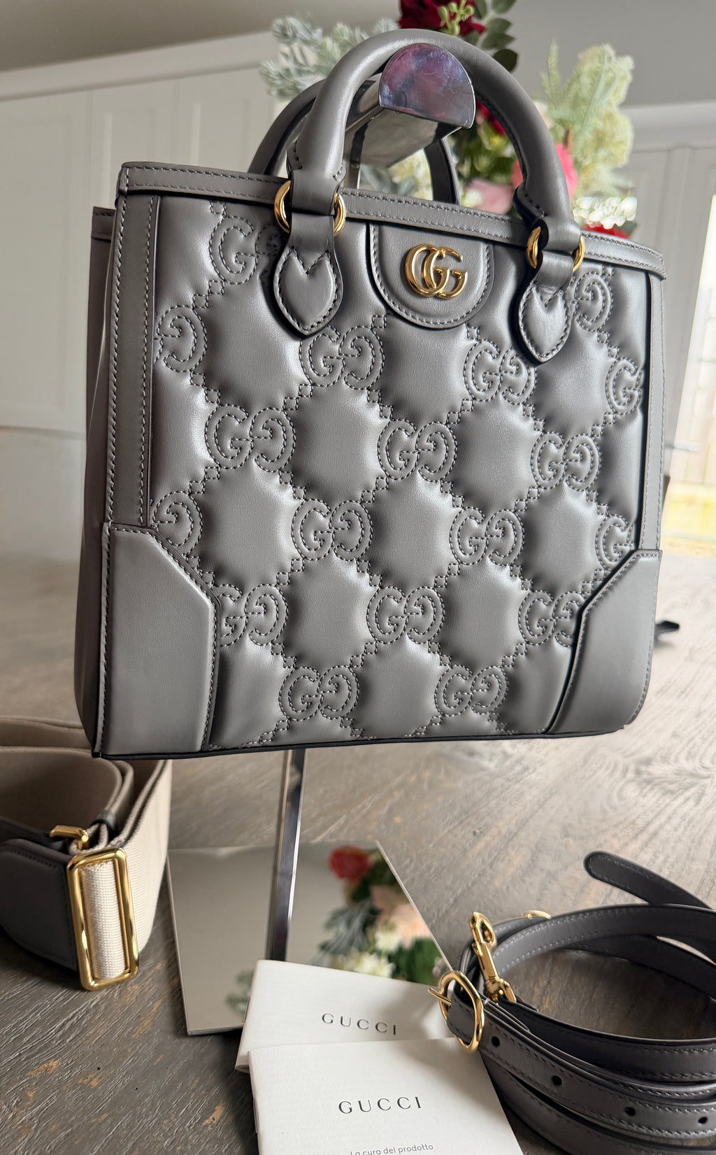 Gucci GG Matelasse Medium Grey Leather Handbag Gold Hardware