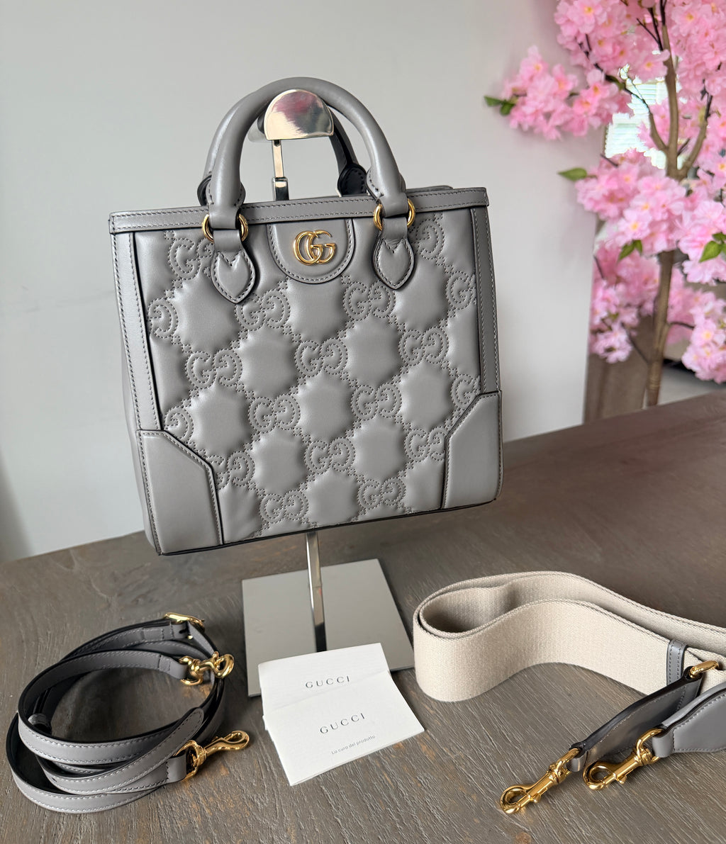 Gucci GG Matelasse Medium Grey Leather Handbag Gold Hardware