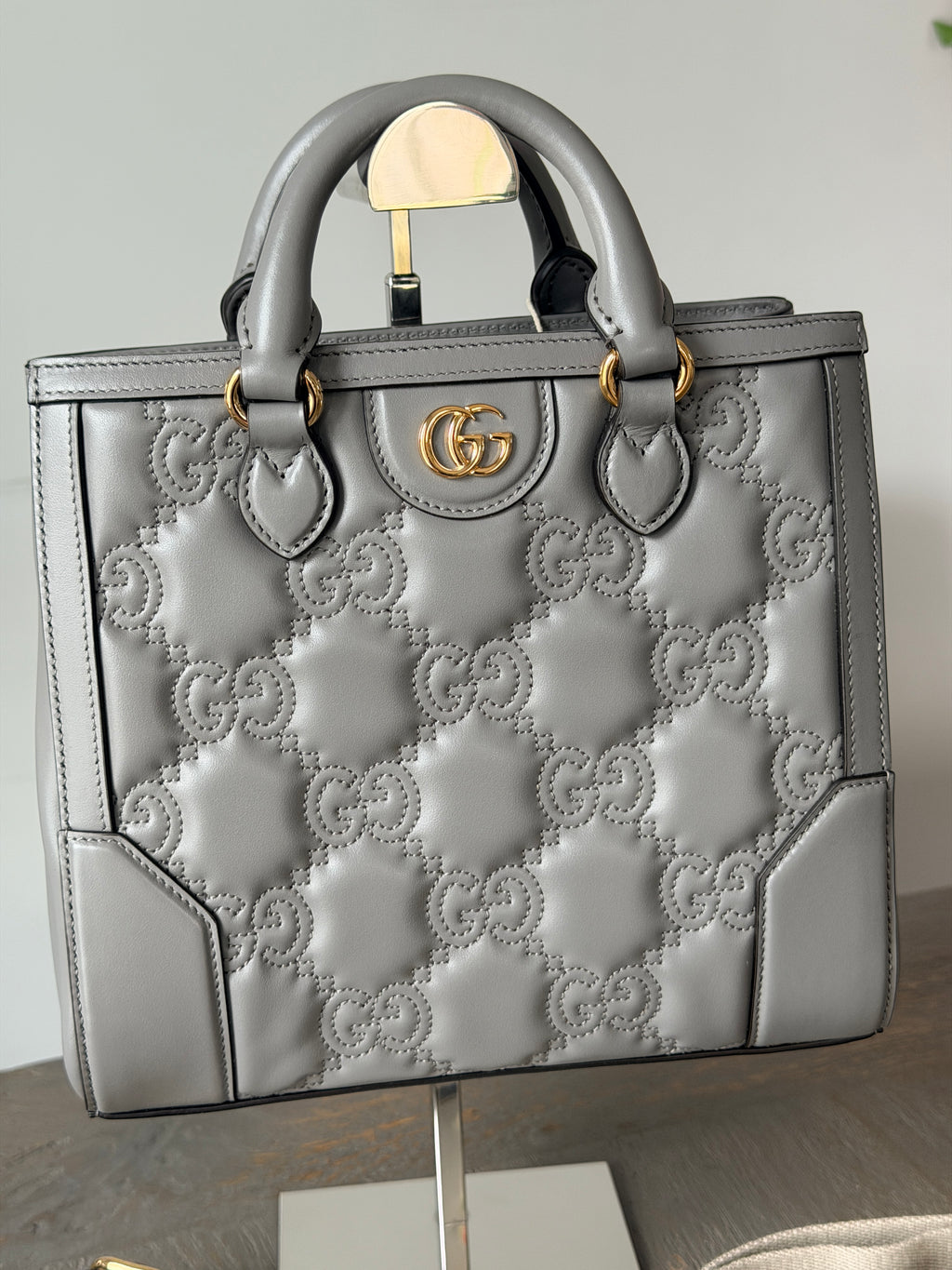 Gucci GG Matelasse Medium Grey Leather Handbag Gold Hardware