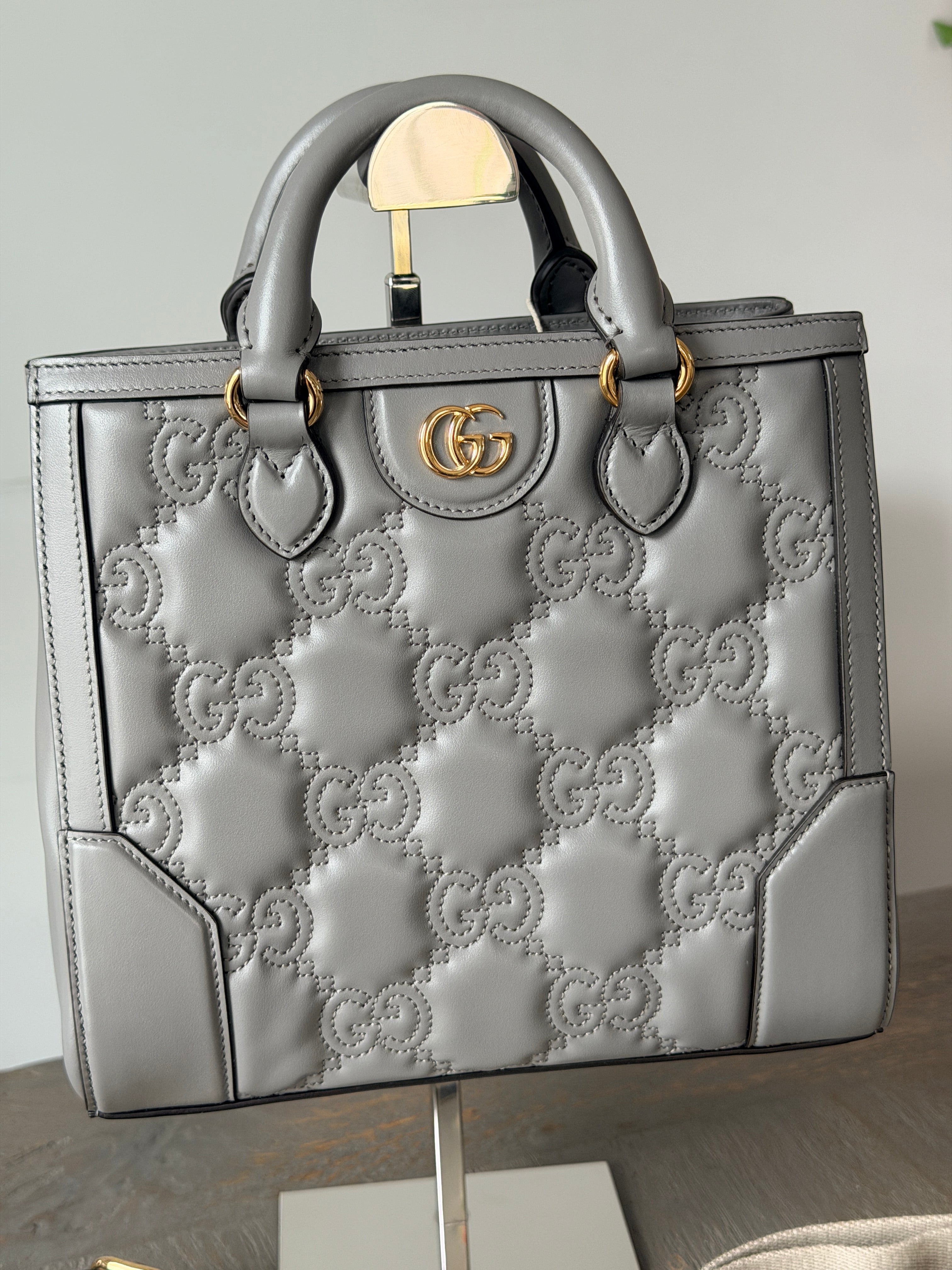 Gucci GG Matelasse Medium Grey Leather Handbag Gold Hardware