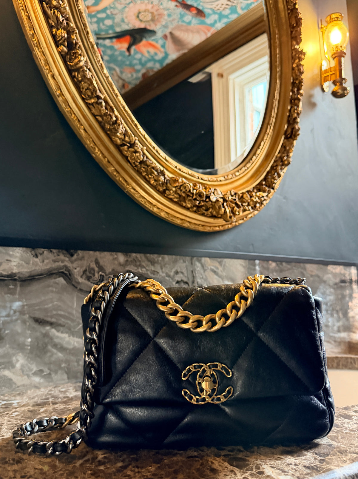 Chanel 19 Medium Shoulder Bag Black Lambskin Leather Aged Silver & Gold Hardware