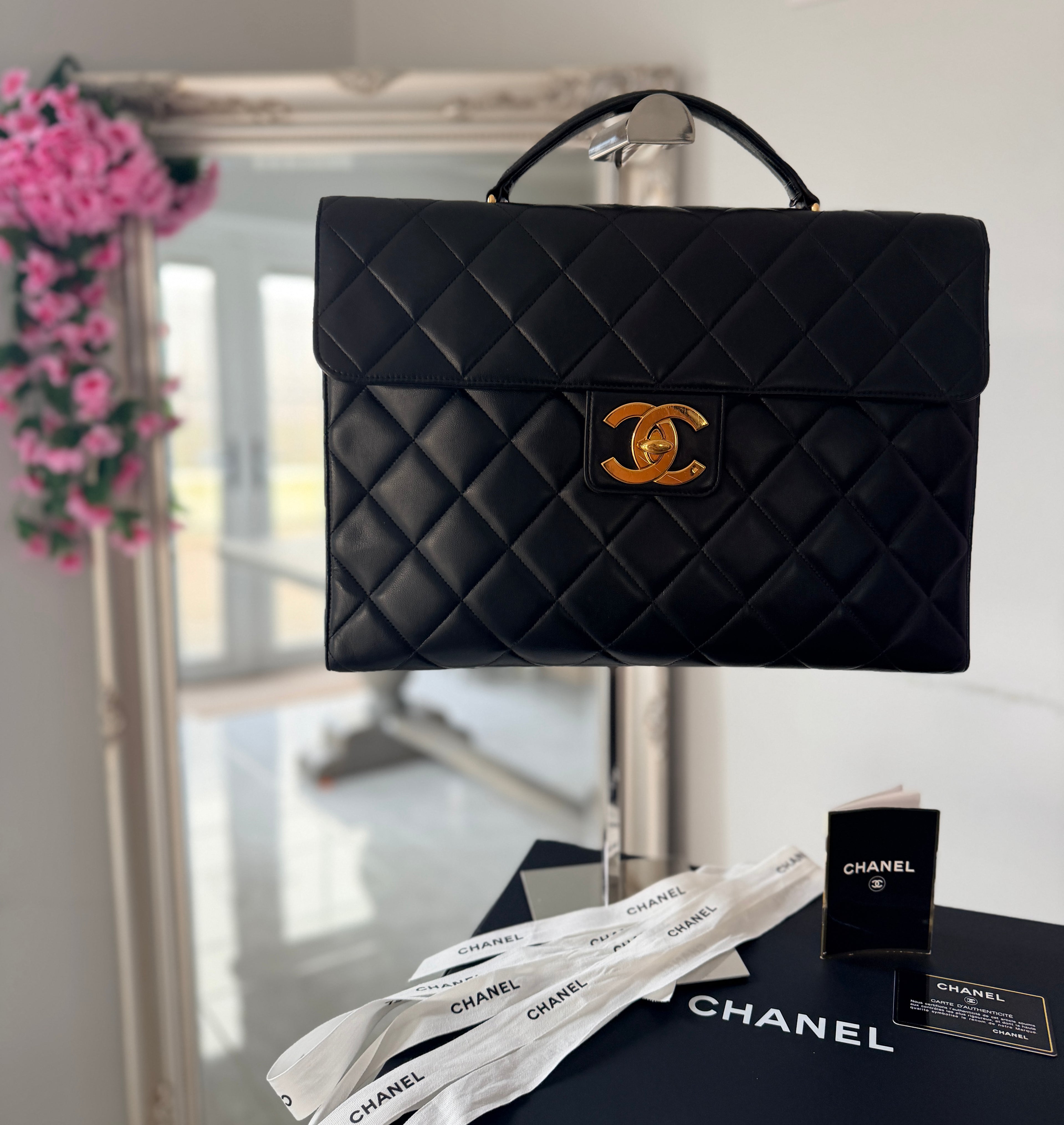 Chanel Matelasse Business Briefcase/Handbag Black Lambskin Leather Gold Hardware