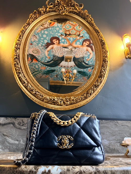 Chanel 19 Medium Shoulder Bag Black Lambskin Leather Aged Silver & Gold Hardware