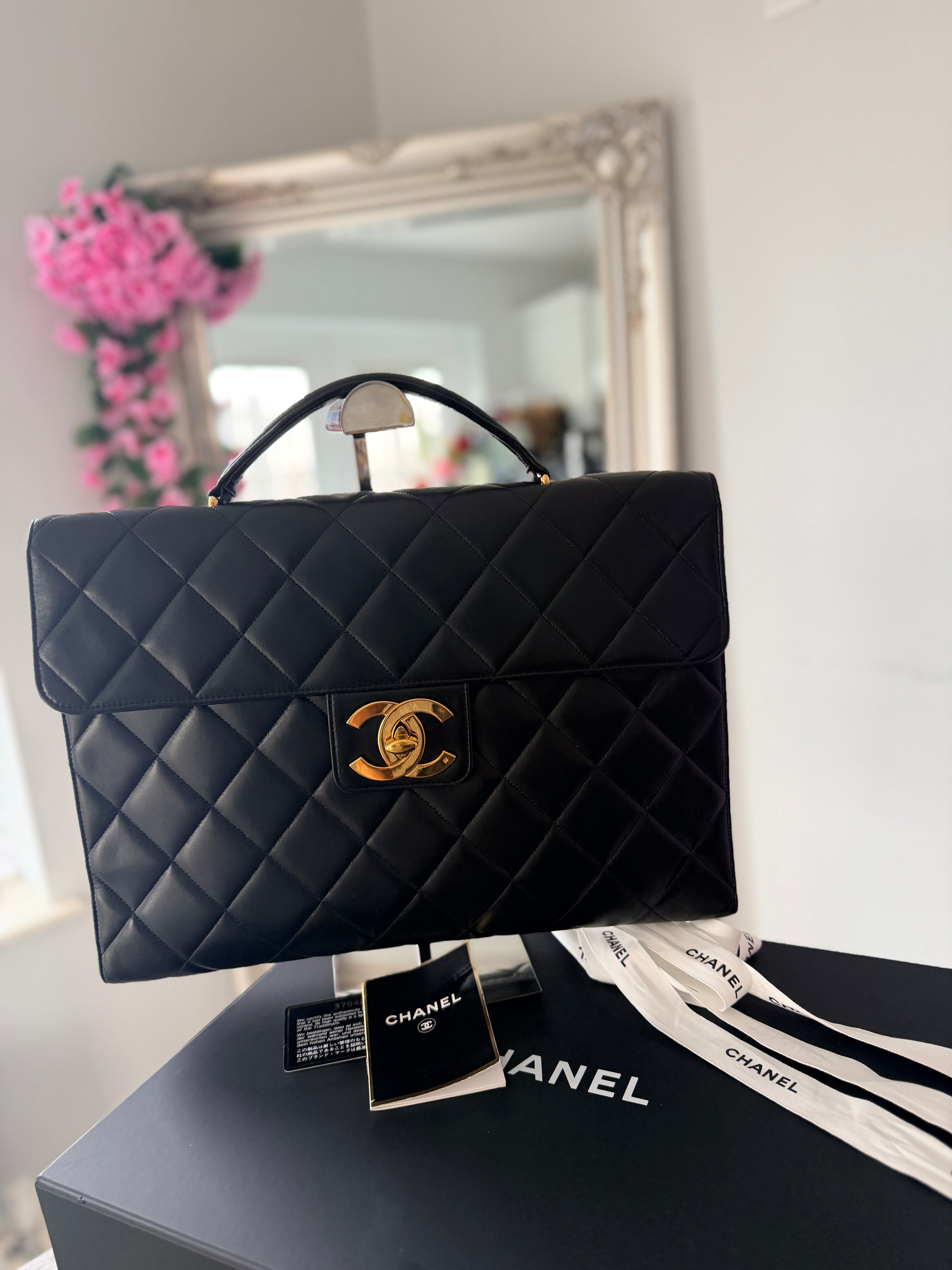 Chanel Matelasse Business Briefcase/Handbag Black Lambskin Leather Gold Hardware