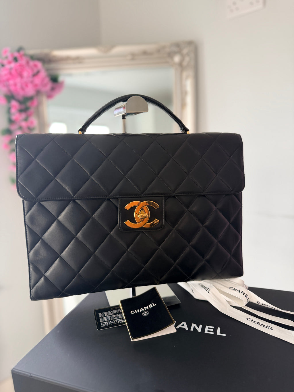 Chanel Matelasse Business Briefcase/Handbag Black Lambskin Leather Gold Hardware
