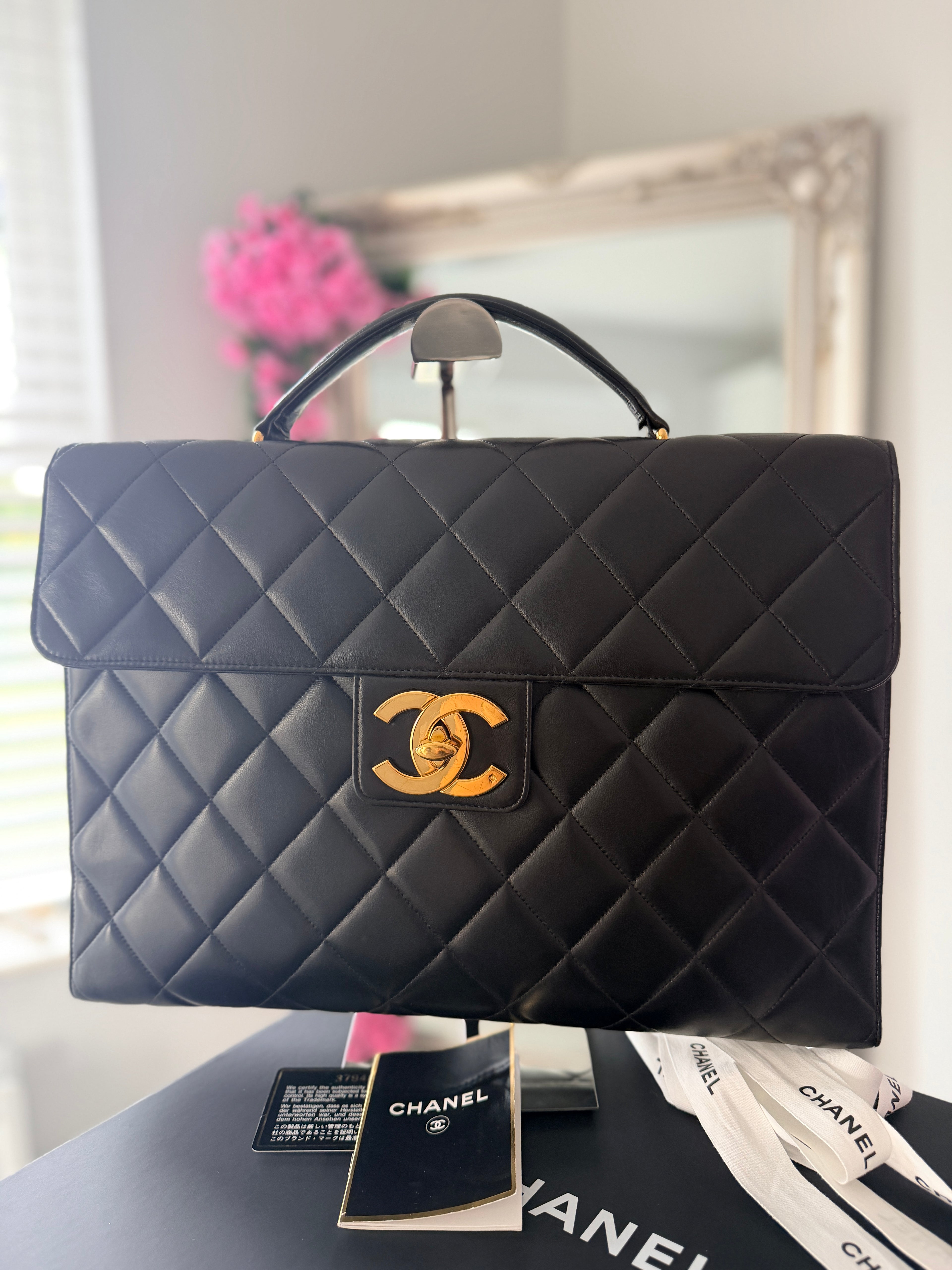 Chanel Matelasse Business Briefcase/Handbag Black Lambskin Leather Gold Hardware