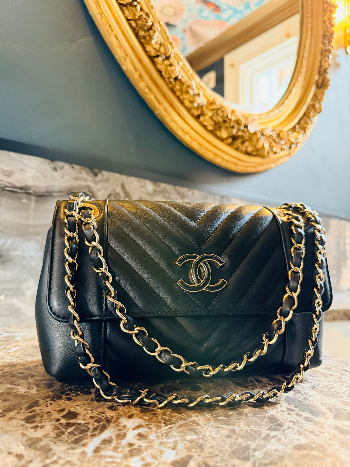 Chanel Chevron Small Bag Black Lambskin Leather Champagne Gold Hardware