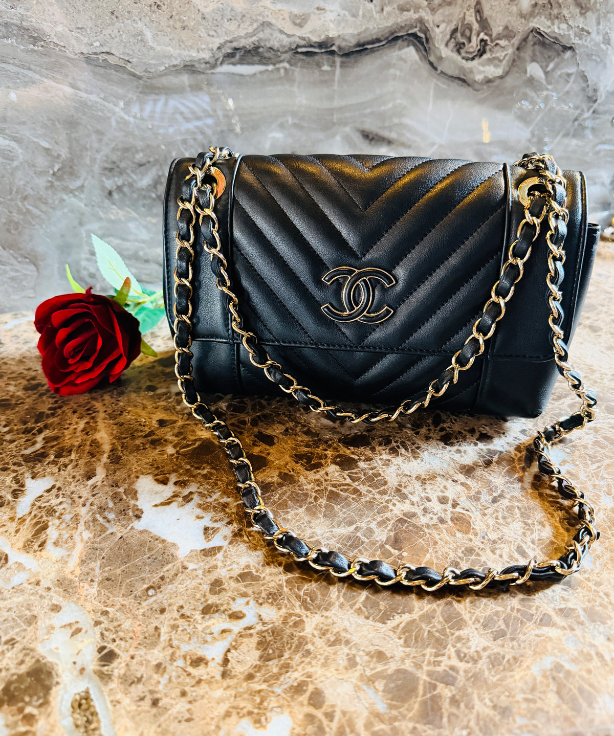 Chanel Chevron Small Bag Black Lambskin Leather Champagne Gold Hardware